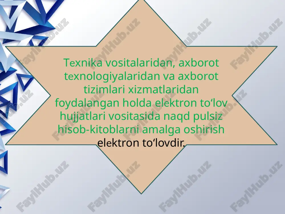 obil aloqa yordamida. payme elektron to‘lov tizimi va undan foydalanish payme.uz uzcard toʻlov tizimida ishlovchi va ilk bor plastik kartadan plastik kartaga pul koʻchirish xizmatini taqdim qilgan toʻlov tizimi hisoblanadi. siz saytga kirishingiz bilan ajoyib dizayn va qulay servisga e’tibor berasiz. android va ios foydalanuvchilari uchun ham mobil ilovalar ishlab chiqilgan. payme to‘lov tizimining bir qancha imkoniyatlarini ko‘rish mumkin: click to‘lov tizimi. “click” tizimi – bu mobil banking tizimi boʻlib, jismoniy shaxslarga mobil telefon orqali (ussd\sms-portal yordamida) yoki internet orqali (web\web-mobile vositasida) uyali aloqa operatorlari, internet-provayderlar xizmatlari uchun toʻlovlarni amalga oshirish; boshqa jismoniy shaxslarga, savdo-servis korxonalariga (supermarket, restoran va kinoteatrlarda toʻlovlar) pul mablagʻlarini oʻtkazish; bevosita oʻz bank hisoblaridan internet-magazinlardan onlayn-xaridlarni amalga oshirish imkoniyatini beradi. “click” tizimining asosiy imkoniyatlari: ussd/sms/web – portal yordamida taqdim qilingan hisoblarni boshqarish; click tizimining boshqa foydalanuvchilariga pul mablagʻlarini oʻtkazish; hisobdan hisobga pul mablagʻlarini oʻtkazish; balansni doimiy ravishda ishchi holatda ushlab turuvchi «avtotoʻlov» xizmatini aktivlashtirish imkoniyati; toʻlovlar …