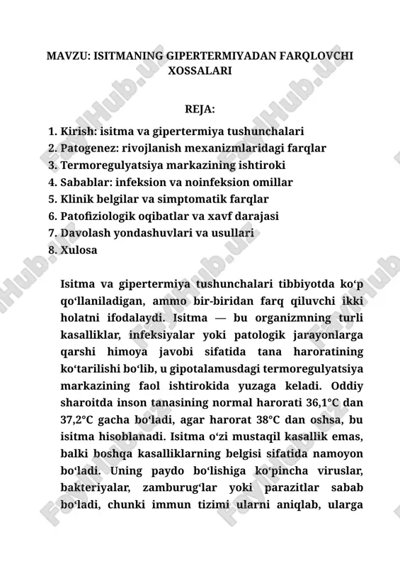 i yoki ichki omillar ta’sirida tana haroratining ko‘tarilishi bilan tavsiflanadi. bu holatda issiqlik ishlab chiqarish va issiqlik tarqatish o‘rtasidagi muvozanat buziladi. masalan, yuqori tashqi harorat, issiq muhitda uzoq vaqt qolish, quyosh urishi, issiq hammom yoki ishlab chiqarish sharoitida ortiqcha qizish, shuningdek, jismoniy zo‘riqish, semizlik, gormonal buzilishlar yoki ayrim dori vositalari gipertermiyaga sabab bo‘lishi mumkin. gipertermiya xavfli holat bo‘lib, u tezda rivojlanadi va organizmning moslashuv mexanizmlari yetarli bo‘lmaganda issiqlik urishi, hushdan ketish, hatto o‘limga olib kelishi mumkin. isitma va gipertermiyaning asosiy farqi shundaki, isitma immun tizimning himoya reaksiyasi sifatida yuzaga keladi va gipotalamus orqali boshqariladi, gipertermiya esa tashqi yoki ichki issiqlik omillari ta’sirida termoregulyatsiya mexanizmlarining izdan chiqishi natijasida paydo bo‘ladi. shu bois isitma ko‘pincha foydali fiziologik jarayon hisoblanadi, gipertermiya esa patologik va xavfli holat sifatida baholanadi. isitma va gipertermiyaning patogenezi, ya’ni rivojlanish mexanizmlari bir-biridan tubdan farq qiladi. isitma organizmning himoya reaksiyasi sifatida yuzaga keladi va gipotalamusdagi termoregulyatsiya markazining faol ishtirokida rivojlanadi. …