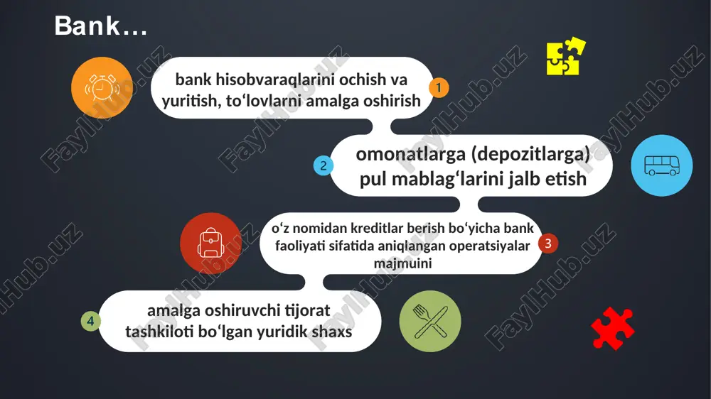 o.com © presentationgo.com keyin sektorlar tomonidan moddiy tovarlarga qo'shimcha qiymat yaratadigan kreditlarga, ya'ni kapitalga aylantiradilar. banklar aholining vaqtincha bo'sh mablag'larini turli xil depozitlarga jalb qiladi avval ularni real daromad jamg'armalariga aylantiradilar © copyright presentationgo.com – the free powerpoint and google slides template library * www.presentationgo.com © presentationgo.com banklar davlatning vaqtincha bo'sh mablag'larini saqlab, davlat byudjetining kassa ijro etilishini ta'minlaydi va zarur hollarda davlatga kreditlar beradi. bundan tashqari, banklar aholining turmush darajasini oshirish uchun iste'mol va ipoteka kreditlari ajratadilar. © copyright presentationgo.com – the free powerpoint and google slides template library * © presentationgo.com pullar markaziy emissiya banki faoliyati natijasida yaratiladi. pullarni yaratish jarayoni ikki bosqichdan iborat bo’ladi. markaziy banki asosiy yo’nalishlar bo’yicha tijorat banklari o’z mijozlari bo’yicha 1 2 © presentationgo.com pullarni yaratish jarayonining birinchi bosqichida markaziy banki asosiy yo’nalishlar bo’yicha, shu jumladan, va valyuta zaxiralarini ko’paytirish orqali o’z aktivlarini ko’paytiradi shuningdek, rasmiy oltin tijorat banklari hukumatga chet mamlakatlar alohida …