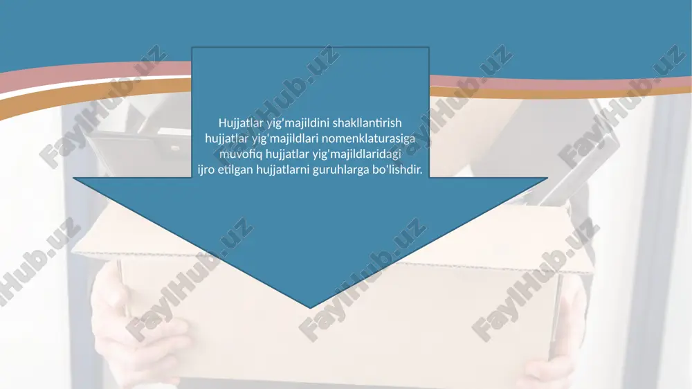 a boshlanganda, hujjatlar o'tgan yilgi hujjatlar yig'majildi indeksi ko'rsatilgan holda, joriy yilning hujjatlar yig'majildiga kiritiladi. tashkilotlar faoliyatining xususiyatiga ko'ra, yozishmalar o'quv yili, chaqiruv muddati doirasida ham guruhlanishi mumkin hujjatlarni idoraviy arxivga topshirishga tayyorlash tashkilotlarda ish yuritish jarayonida to'plangan hujjatlar keyinchalik yo uzoq muddat arxivda saqlab qolinadi, yoki qisqa muddat saqlanib, keyin yo'q qilinadi. tashkilotlar ularning faoliyatida va tasarrufidagi tashkilotlar faoliyatida vujudga keladigan, doimiy saqlanadigan hujjatlarning tanlab olinishini, hisobga olinishini, saqlanishini, ishlanish sifatini va ushbu hujjatlarni o'z vaqtida davlat saqloviga berilishini ta'minlaydilar. doimiy va uzoq vaqt (10 yildan ko'proq) saqlanadigan hujjatlarni saqlash uchun tashkilotlarda idoraviy arxivlar tashkil etiladi yoki ularning vazifalari boshqa tarkibiy bo'linma (maxsus ajratilgan mansabdor shaxslar)ga yuklanadi. hujjatlarni idoraviy arxivga topshirishga tayyorlash quyidagilarni o'z ichiga oladi: - hujjatlarning muhimlik qiymati ekspertizasini o'tkazish; - hujjatlar yig'majildlarini rasmiylashtirish; - hujjatlar yig'majildlarining ro'yxatini tuzish; - hujjatlarni yo'q qilishga ajratish to'g'risida dalolatnomalar tuzish. doimiy va uzoq muddat saqlanadigan, tugallangan hujjatlar yig'majildlari ma'lumot ishlari …