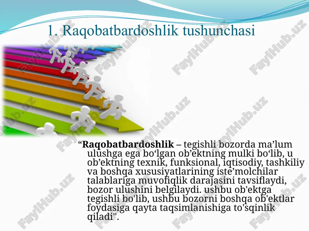 iya, menejment, moliyaviy raqobatbardoshlik biznes muhiti ishlab chiqarish milliy raqobatbardoshlik iqtisodiy o'sish, daromad va bandlik alohida bozorlarda raqobatbardoshlik bozor ulushi, rentabellik, elastiklik iqtisodiyotning raqobatbardoshligi modeli ichki tashqi to'lov balansi bandlik, daromadning o'sishi mehnat xarajatlari (ulc) korxonaning raqobatbardoshlik darajasi institutlar davlat siyosati investitsii i proizvod- stvennie moshnosti predpriyatie: vid deyatelnosti forma sobstvennosti razmer drugie parametri texnicheskiy uroven i innovatsii raspredelenie prav sobstvennosti menedjment rabochaya sila i trudovie otnosheniya konkurentsiya infrastruktura banki i finansovie rinki qizil - hozir tanqidiy, sariq - yaqin kelajakda, yashil - tanqidiy emas korxonalar uchun raqobatbardoshlikning turli omillarining ahamiyati 6 savdo va rivojlanish indeksi (tdi) davlatimizda to'g'ri savdo siyosati yuritilgani, tarif ko'rsatkichlarini pasaytirish, bojxona va nazorat to'siqlarini engillashtirish borasidagi islohotlari natijasida xalqaro darajadagi ko'rsatkichi 20,2 balga yaxshilandi va 55,4 baldan (2021 yil) 75,6 balga (2022 yil) ko'tarildi. ushbu reytingda mamlakatimiz aqsh, yaponiya, xitoy va rossiya singari davlatlarni ortda qoldirdi. hozirgi kunda o'zbekiston 2021 yildagi 163-o'rindan ancha yuqorilab, 67-o'ringa …