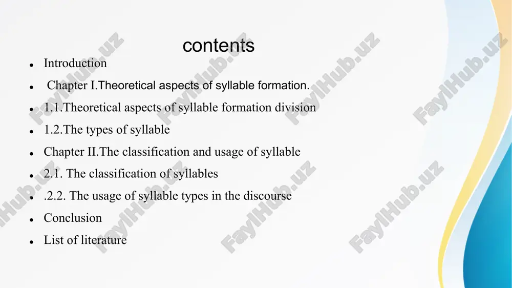ndamental units of language that impact pronunciation, reading, and writing. mastering syllable rules and patterns enhances language skills and communication. continued exploration of syllables leads to a deeper understanding of linguistic structures and expressions. list of literature stetson, r.h. (1951). speech and hearing: the expiratory theory of syllable formation. university of chicago press. jespersen, o. (1922). language: its nature, development and origin. allen & unwin. lobanov, v.g. (1998). english phonetics and phonology. st. petersburg university press. halle, m., & vergnaud, j.r. (1987). theoretical aspects of phonology. mit press. https://www.voyagersopris.com/vsl/blog/exploring-the-six-syllable-types thank you for your attention! image3.png image7.jpeg image6.png image2.jpeg /docprops/thumbnail.jpeg