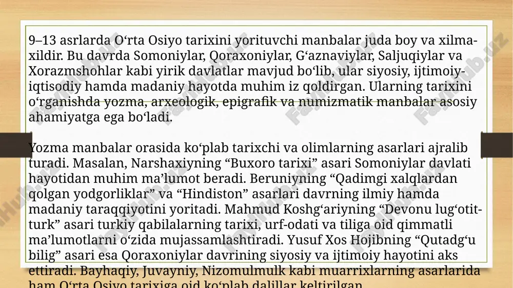 “qonuni ma’sudiy” kabi asarlarida qadimgi xalqlarning taqvimlari, urf-odatlari, ilm-fan yutuqlari haqida yozadi. beruniy xorazmda yashagan bo‘lib, uning asarlari o‘sha davr siyosiy-madaniy hayoti haqida keng tasavvur beradi. uchinchi mashhur mutafakkir – abu ali ibn sino (980–1037) bo‘lib, u asosan tibbiyot va falsafa sohasida mashhur. lekin uning “donishnoma” asarida jamiyat va inson haqidagi qarashlari o‘sha davr ijtimoiy-siyosiy hayotini ham aks ettiradi. shuningdek, xorazmdan chiqqan mashhur lug‘atshunos va mufassir zamaxshariy (1075–1144) o‘zining “al-kashshof” va “muqaddimat ul-adab” asarlari orqali qur’on tafsiri, tilshunoslik va adabiyot sohasida beqiyos hissa qo‘shgan. bu asarlarda o‘sha davr til, madaniyat va ilmiy muhit haqida qimmatli ma’lumotlar uchraydi. mahalliy tarixchilar orasida as-sam’aniy (1113–1167) ham alohida o‘rin tutadi. uning “kitob al-ansob” asari samarqand va movarounnahr hududida yashagan olimlar, mashhur shaxslar va ulamolarning nasabnomalarini o‘z ichiga oladi. xorazmda yashab ijod qilgan buyuk mutasavvif najmiddin kubro (1145–1221) esa kubraviylik tariqatining asoschisi sifatida tanilgan. uning risolalari va hikmatlari o‘sha davrda diniy-ma’naviy hayotning rivojiga, shuningdek mo‘g‘ullar …