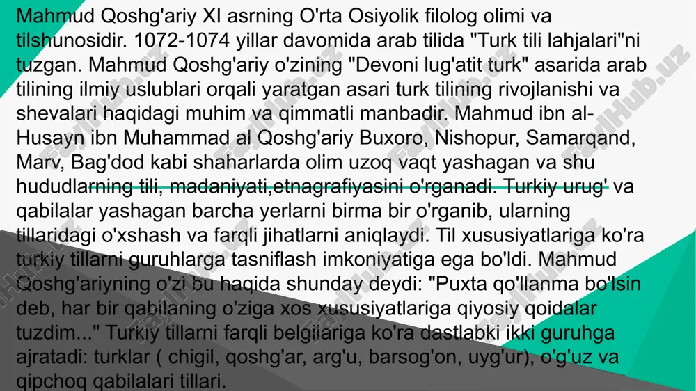 ontekstlarda qo'llanilishini tahlil qilib tasvirlaydi. mahmud qoshg'ariyning "devoni lug'atit turk" asarida qayd etilgan ko'pgina so'zlarimizning hozir ham tilimizda ishlatilishda davom etayotganligi shevalarni tilning 34 oziqlantiruvchi manba sifatida xizmat qilishini ta'kidlaydi. mahmud qoshg'ariyning "devoni lug'atit turk"ida yig'ilgan so'zlarning ko'plari hozirgi adabiy tilida faol qo'llanadi: qatlama (yog'da pishirilgan qat-qat non), supurgi. asarda uch turkumga ajralgan barchasining grammatik xossalarini o'sha davr nuqatai nazaridan kelib chiqib aniq ravshan holda yoritib bergan. masalan qo'shimchalar imlosini oladigan bo'lsak, birgina -chi affiksni olaylik. bu affiks xi asr til grammatik xossasiga ko'ra otlarga qo'shilib, ot yasalishida qo'llanilar edi. taʼrixi buxoro“ (fors تاریخ بخارا — buxoro tarixi) — abubakr narshaxiyning tarixiy asarlari boʻlib, uni yana „axbori buxoro“ (اخبار بخارا‎ — buxoro haqida maʼlumotnoma) deb ham nomlaydilar. kitob x asr oʻrtalarida narshaxiy tomonidan arab tilida yozilgan boʻlib, xii asrda kitob fors tiliga tarjima qilingan va abu nasr qubaviy tomonidan toʻldirilgan. keyinchalik kitob matniga bir qator oʻzgartirish va qoʻshimchalar kiritildi. arab …