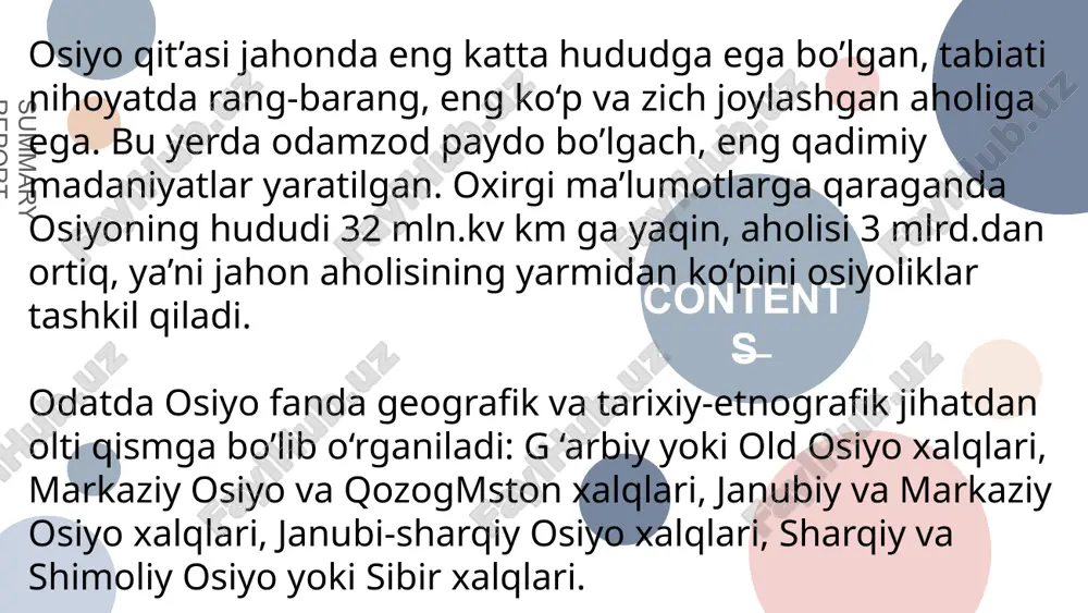 hda lingvistik tasniflash muhim ahamiyatga ega. mazkur mintaqada yashovchi xalqlaming tillari rang-barang bo‘lib, tarixan qadimiy va zamonaviy ko'rinishga ega. turkiy tillar. mintaqa aholisining ko‘pchiligi oltoy oilasining turkiy tillar guruhiga kiradigan til va shevalarda so‘zlashadi. ushbu guruhga o ‘zbek, qozoq, qirg‘iz, qoraqalpoq, turkman, uyg‘ur va tatar tillari kiradi. turkiy tilda so‘zlashadigan kishilar butun mintaqa aholisining taxminan 60 foizidan ortig‘ini tashkil etadi. umuman olganda, turkiy tillarda so‘zlashuvchilaming umumiy soni 130 million nafardan ortiq aholini tashkil eta 5 6 review of work content 7 summary report market data analysis 9 image1.jpeg image2.jpeg image3.jpeg image4.jpeg