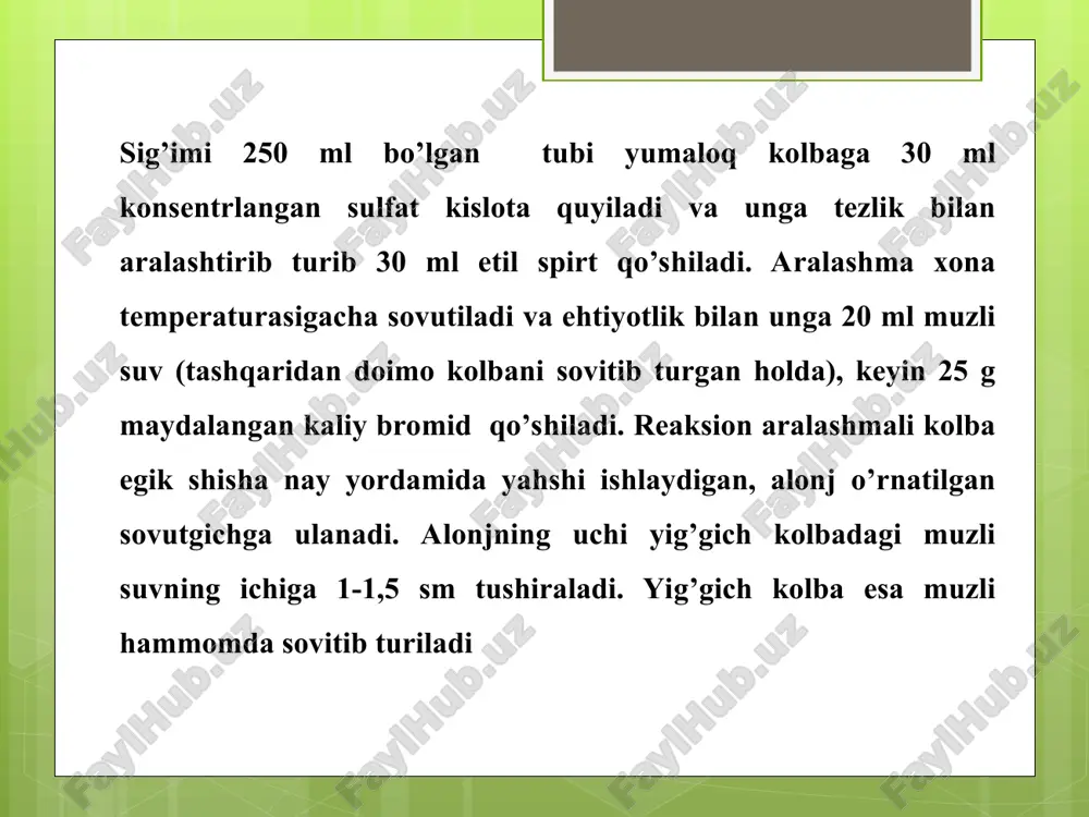 ralib chiqadi. shuning uchun oson uchuvchan etil bromidni yo’qotmaslik maqsadida etil bromidga sovutib turgan holda sulfat kislota qo’shiladi. aralashma quruq ajratgich voronkada ajratiladi va kichik alanga bilan qizdiriladigan suv hammomida etil bromid haydaladi. yig’gich-kolba muzli suvda sovutiladi. etil bromid 35-400c harorat intervalida haydaladi, asosiy massa 38-390c da haydaladi. tozalanmagan etil bromid tarkibida brom (qo’shimcha modda) qo’shilmasi bo’lgani uchun u sariq rangli bo’ladi. etil bromidning unumi 20 g. toza etil bromid o’ziga xos hidli rangsiz suyuqlik. spirt, efir, xloroform bilan aralashadi, qaynash harorati past, shuning uchun u qalin devorli, shliflangan probkali shlyankada sarg’ayadi, chunki parchalanib, brom ajratib chiqaradi. molekulyar massasi 109; qaynash harorati 38,40s; d=1,4555 etilbromid olish qurilmasi 1-qum hammomi; 2- tubi yumaloq kolba; 3- sovutgich; 4- allonj; 5- yig’gich kolba; 6- muzli hammom