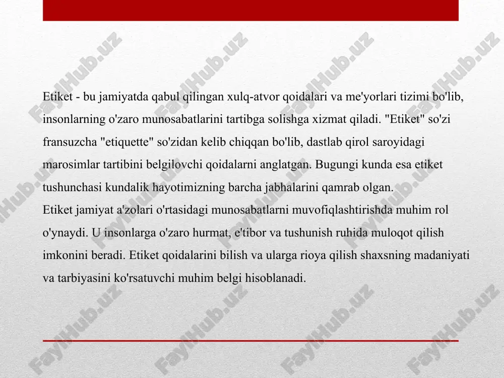tiradi. muomala madaniyati keng tushuncha bo'lib, nafaqat so'zlashuv odobini, balki imo-ishoralar, mimika, xatti-harakatlar va tashqi ko'rinish madaniyatini ham o'z ichiga oladi. muomala madaniyatining asosiy tushunchalari qatoriga hurmat, e'tibor, samimiylik, xushmuomalalik, sabr-toqat, bag'rikenglik kabi fazilatlar kiradi. bu tushunchalar muomala madaniyatining ma'naviy asosini tashkil etadi va inson xulq-atvorini belgilashda muhim ahamiyatga ega. muomala madaniyatining tuzilishi esa quyidagi asosiy komponentlarni o'z ichiga oladi: verbal (so'z bilan ifodalanadigan) va noverbal (so'zsiz) muloqot vositalari, kiyinish madaniyati, stol atrofidagi xulq-atvor qoidalari, jamoat joylaridagi xulq-atvor qoidalari, turli marosimlardagi xulq-atvor qoidalari va boshqalar. bu nutq madaniyati bo'lib, so'zlarni to'g'ri tanlash, gapirish ohangi, nutq sur'ati, ovoz balandligi va boshqa jihatlarni o'z ichiga oladi. verbal muloqot madaniyati suhbatdoshni tinglay bilish, uning fikrlariga hurmat bilan munosabatda bo'lish, o'z fikrlarini aniq va tushunarli bayon qila olish qobiliyatlarini o'z ichiga oladi. bu imo-ishoralar, mimika, tana harakatlari, masofa saqlash va boshqa so'zsiz muloqot vositalarini o'z ichiga oladi. noverbal muloqot vositalari ko'pincha verbal muloqotni to'ldiradi …