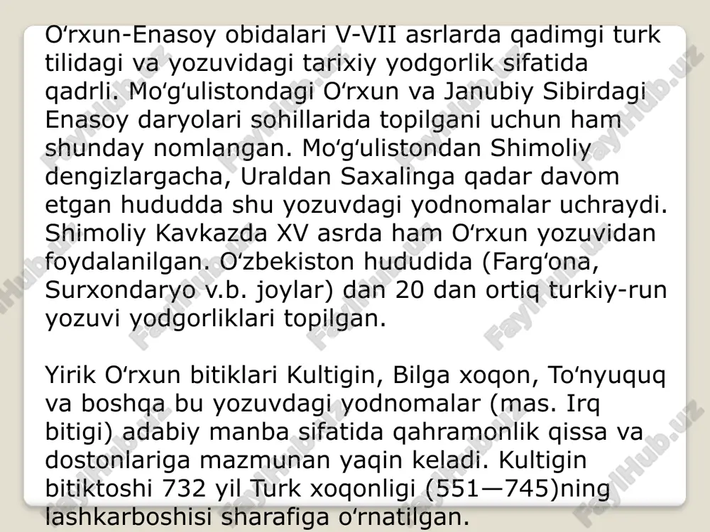 n va yenisey daryolari havzalarida topilganligi sababli "o'rxun-enasoy yodgorliklari" deb ataladi. asosiy yodgorliklar: kultegin bitig toshi: viii asrda kultegin xon sharafiga bitilgan yodgorlik bo'lib, unda turkiy xalqlarning ijtimoiy va siyosiy hayoti haqida ma'lumotlar mavjud. bilga xoqon bitig toshi: bilga xoqon sharafiga yozilgan ushbu yodgorlikda davlat boshqaruvi va ijtimoiy tuzum haqida qimmatli ma'lumotlar berilgan. to'nyuquq bitig toshi: to'nyuquq sarkardasi haqida bo'lib, unda harbiy strategiya va davlat boshqaruvi masalalari yoritilgan. bundan tashqari, "avesto" kabi zardushtiylik diniga oid adabiy yodgorliklar ham qadimgi turkiy yozma yodgorliklari qatoriga kiradi. "avesto"da zardushtiylarning diniy ta'limotlari, falsafiy qarashlari va axloqiy me'yorlari bayon etilgan. qadimgi turkiy yozma yodgorliklar tilining fonetik va morfologik xususiyatlarini o'rganish orqali, turkiy tillarning rivojlanish tarixini va o'zgarishlarini chuqurroq tushunish mumkin. masalan, o'rxun-enasoy yozuvlarida palatal singarmonizmi kabi fonetik xususiyatlar mavjudligi aniqlangan. shuningdek, bu yodgorliklar tilidagi ayrim so'zlarning hozirgi o'zbek shevalarida qo'llanilishi, tilshunoslik tadqiqotlari uchun qimmatli materiallar taqdim etadi. bu orqali qadimgi va zamonaviy o'zbek tilining o'zaro …