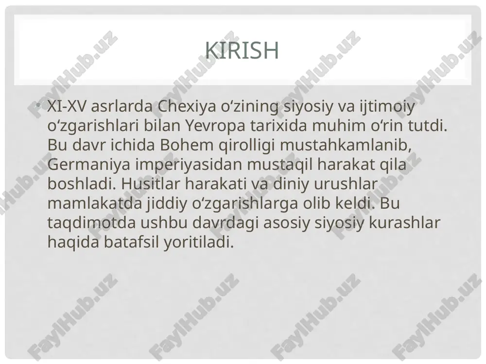 ib, diniy islohotlarni talab qildi. uning tarafdorlari husitlar harakati sifatida tanildi. hus katolik cherkovining boyligi va axloqiy inqiroziga qarshi chiqdi, biroq 1415-yilda konstans soborida bid’atchilikda ayblanib, gulxanda yoqildi. bu voqea husitlar urushlarining boshlanishiga sabab bo‘ldi. husitlar urushlari (1419-1436) husitlar urushlari chexiya tarixidagi eng qonli davrlardan biri bo‘ldi. husit qo‘shinlari praga va boshqa shaharlarni egalladi, katolik kuchlari esa ularni yo‘q qilishga harakat qildi. husitlar janglarda muvaffaqiyatli bo‘lishdi va hatto chet el bosqinchilariga qarshi turishga muvaffaq bo‘lishdi. husitlar urushlarining natijalari urush natijasida chexiyada diniy erkinlik va husit cherkovi shakllandi. katolik kuchlari oxir-oqibat husitlarni mag‘lub etishga muvaffaq bo‘ldi, lekin mamlakat siyosiy va diniy jihatdan sezilarli darajada o‘zgardi. jiří poděbrad va husit qirolligi jiří poděbrad xv asrda chexiya qiroliga aylandi va husitlar manfaatlarini himoya qilishga harakat qildi. u yevropada diniy bag‘rikenglikni targ‘ib qilib, turli diniy guruhlar o‘rtasida tinchlik o‘rnatishga intildi. lekin u katolik kuchlari tomonidan tahdid ostida qoldi va mamlakatda yangi siyosiy muammolar paydo …