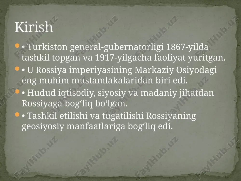 iy o‘zgarishlarga e’tibor berdi. • aleksey kuropatkin (1898-1905) – harbiy siyosatni davom ettirdi. turkiston general-gubernatorlari • 1898-yil – andijon qo‘zg‘oloni (muhammad ali halifasi boshchiligida). • mahalliy aholi rossiya hukmronligiga qarshi norozilik bildirdi. • islom dini asosida qarshilik harakatlari kuchaydi. • turkistonda jadidchilik harakati rivojlandi. mahalliy qarshilik harakatlari • 1917-yilda rossiyada fevral inqilobi sodir bo‘ldi. • turkiston general-gubernatorligi tugatildi. • o‘rniga turkiston muvaqqat hukumati tashkil topdi. • 1918-yilda sovet hokimiyati butunlay nazoratni qo‘lga oldi. bekor qilinishi • rossiya imperiyasining eng yirik mustamlakalaridan biri bo‘ldi. • markaziy osiyo iqtisodiyotiga jiddiy ta’sir ko‘rsatdi. • madaniy va siyosiy o‘zgarishlarga sabab bo‘ldi. • mustamlaka siyosati natijasida milliy ong uyg‘ondi. turkiston general-gubernatorligining ahamiyati • turkiston general-gubernatorligi rossiya mustamlakachilik siyosatining mahsuli edi. • hudud iqtisodiy va siyosiy jihatdan rossiyaga bog‘langan. • 1917-yildagi inqilobdan so‘ng, yangi siyosiy tizim shakllandi. • mustamlakachilik siyosati uzoq yillar davomida o‘z ta’sirini saqlab qoldi. xulosa /docprops/thumbnail.jpeg