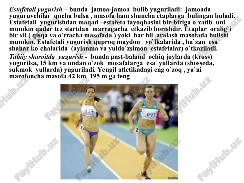gan hisoblanadi. bu qoidani bo`zgan sportchi mahsus sud`yalar musobaqadan chetlatadilar. yugurish - joydan joyga kuchishning tabiy usulidir. bu jismoniy mashqning quproq tarqalgan turi bulib, juda kup sport turlari (futbol, basketbol, tennis va boshqalar) tarkibiga kiradi. yugurishning juda kup xillari yengil atletika har xil turlarining organiq qismi hisoblanadi. shugullanuvchilarning imkoniyatlariga qarab, masofa o`zunligini va yugurish tezligini o`zgartirish bilan ish miqdorini har xil qilish, odamning chidamligini, tezkorligi va boshqa fazilatlari rivojlanishiga ta`sir etish mumkin. yuqori tezlikda yugurish shug`ullanuvchilarga, xususan ularning yurak-qon tomir va nafas olish sistemalariga qo`yilgan talabni oshiradi va chidamlilikni rivojlantiradigan zur vosita bulib xizmat kiladi. juda katta tezlikda yugurish esa, tezlikni rivojlantirish uchun mashg`ulotlarga kiritiladi. yugurish bilan shug`ullanish jarayonida kishi irodasi mustaxkamlanadi, o`z kuchini taqsimlay olish , tusiqlarga o`ta bilish ochiq joyda muljal ola bilish qobiliyati hosil buladi. yugurish- har tamonlama jismoniy rivojlanishning asosiy vositalardan biridir. barcha mutaxassislikdagi yengil atletikachilarning ham, boshqa sport turlari bilan shug`ullanuvchilarning ham trenirovkalarida yugurishga kup …
