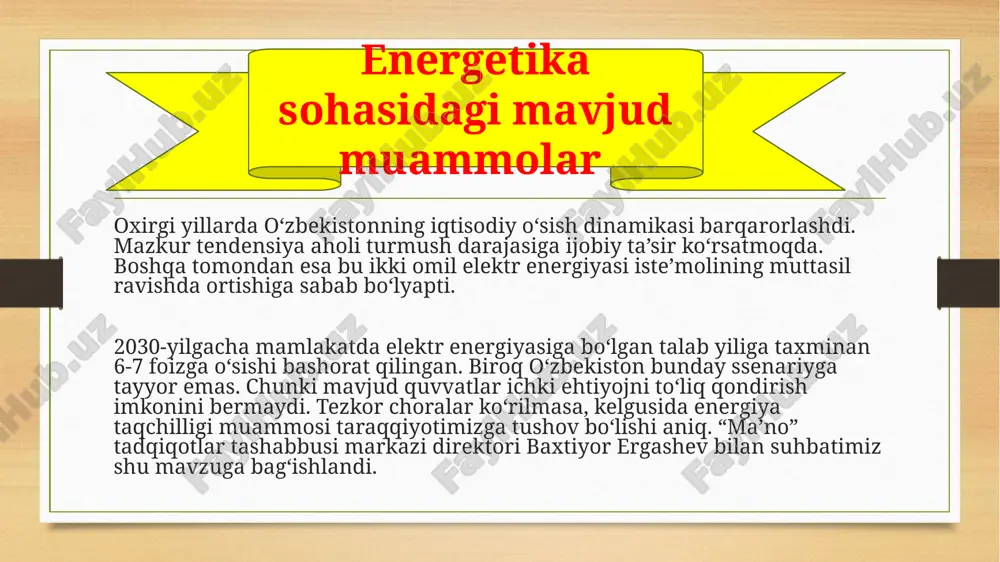 etikani rivojlantirishga doir loyihalar ham amalga oshirilmoqda. davlatimiz “yashil” energetikaga katta umid bog‘lagan. mazkur tarmoqqa nufuzli xorijiy investitsiyalar paketi yo‘naltirilyapti menimcha faqat “yashil” energetika bilan cheklanib bo‘lmaydi. o‘ylashimcha, davlatimiz rahbariyati buni yaxshi anglamoqda. shu bois yurtimizda elektr energiyaning boshqa manbalaridan birday samarali foydalanish masalasi ko‘ndalang qo‘yilgan. aytaylik, issiqlik elektr stansiyalari (ies)dan butkul voz kecholmaymiz. hozir ular energiya generatsiyasining salkam 90 foizini ta’minlayapti. 2030-yilgacha bu raqamni 60 foizga tushirish rejalashtirilgan. shunga qaramay, ba’zi hududlarda yangi ieslar barpo etilmoqda. chunki bu ob’ektiv zururat. jarayonni vizuallashtirish o‘zbekistonda elektr energiyasi taqchilligi vujudga kelgani, elektr tarmoqlaridagi doimiy uzilishlar haqida 2000-yillar boshidayoq bong urilgan. hukumat bu muammoga befarq emasdi, albatta. masalan, 2010-yilda to‘raqo‘rg‘on iesni qurish g‘oyasi ilgari surildi. loyihani moliyalashtirish masalasi ko‘rib chiqilgan, xorijiy investorlar bilan muzokaralar olib borilgan va hokazo. yangi asr bo‘sag‘asida qayta tiklanuvchi energetikani rivojlantirish bo‘yicha ham ma’lum sa’y-harakatlar qilinishi kerak. biroq mazkur jarayon nihoyatda sekin va tarqoq holda davom etib, aksariyat loyihalar, …