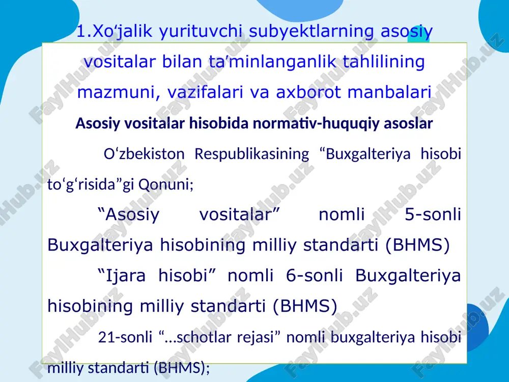 iqarish faoliyatidagi asosiy vositalar noishlab chiqarish faoliyatidagi asosiy vositalar 2 asosiy vositalardan foydalanish jarayonida qatnashuviga ko‘ra foydalanishdagi asosiy vositalar foydalanishdan olib qo‘yilgan (konservatsiya qilingan) asosiy vositalar 3 asosiy vositalarning ishlab chiqarish jarayonidagi qatnashishi bo‘yicha aktiv asosiy vositalar passiv asosiy vositalar 4 asosiy vositalarning mulkiy egaligiga ko‘ra o‘ziga tegishli asosiy vositalar ijaraga olingan asosiy vositalar "ohongoron sement ms" aj asosiy vositalarining tarkibi, tuzilishi va dinamik o‘zgarishlarining tahlili asosiy vositalarning tarkibi 2020 yil 2021 yil o‘zgarishi (+, -) summa, ming so‘m salmog‘i, % summa, ming so‘m salmog‘i, % mutlaq, ming so‘mda salmoq -dagi, % 1. bino 27485 31,2 27485 27 2. inshoot 4388 5 4388 4,3 3. mashina va jihozlar 12388 14 16058 15,7 4. mebel va ofis jihozlari 2800 3,2 3138 3,1 5. kompyuter jihozlari va hisoblash texnikasi 2462 2,8 4064 4 6. transport vosita lari 28120 31,9 38270 37,5 7. ishchi va mahsuldor hayvonlar 10511 11,9 8588 8,4 jami 88154 …