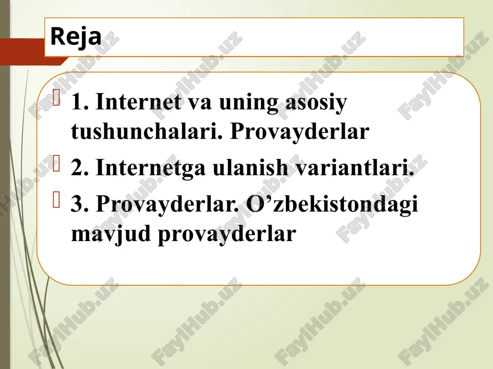 1,3 gb/s 2010-noyabr 1,9 gb/s 2011-yanvar 2,5 gb/s bugungi kunda o’zbekistonda internetdan foydalanuvchilar soni 9,1 mln tashkil etadi. 2012 yil aprel oyining hisobotiga ko’ra 14 ming uz domenlar nomi ro’yxatdan o’tgan. image1.jpeg image2.jpeg image3.jpeg image4.jpeg image5.jpeg image6.jpeg image7.png image8.png /docprops/thumbnail.jpeg