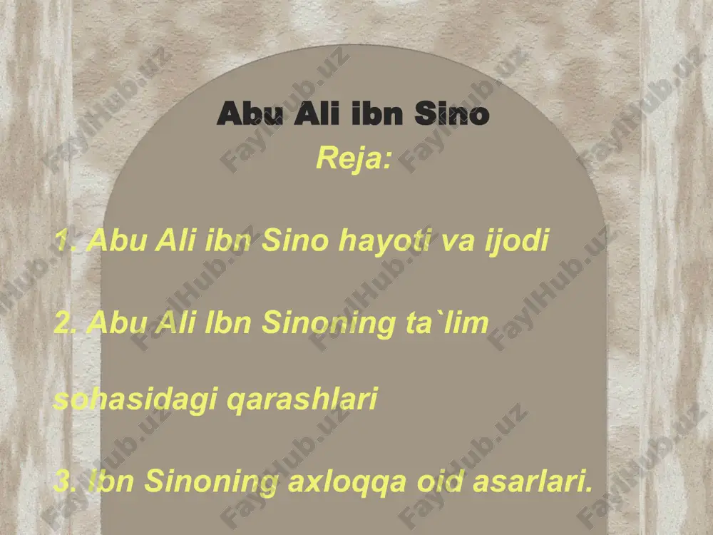 qa fanlardan ta`lim oladi. shundan so`ng ibn sino o`zi mustaqil holda barcha fanlar bilan shug`ullana boshlaydi. u ayniqsa tib ilmini chuqur egallab oladi, bu sohada unga ta`lim bergan kishi buxorolik abu mansur kamariy bo`ldi. ibn sino so`ngra falsafani o`rganishga kirishadi. ayniqsa, aristotel falsafasini, uning «metafizika» asari mohiyatini buyuk mutafakkir abu nasr forobiyning yozgan sharhi tufayli to`liq o`zlashtirib oladi. ix asr oxiri – x asr boshlariga kelib, o`lkada siyosiy-ijtimoiy vaziyat murakkablashdi. shu tufayli ibn sino xorazmga – urganchga ko`chib o`tadi. xorazmda u bir qator olimlar bilan hamkorlikda abu rayhon beruniy boshqarayotgan «ma`mun akademiyasi»da ilmiy ish bilan shug`ullana boshlaydi. xorazmda o`zining yirik asarlari – «tib qonunlari», «ash-shifo» kitoblari ustida ish olib boradi. mahmud g`aznaviy 1017 yilda xorazmni o`ziga qaram qilib olgach, nufuzli olimlarni ham o`z saroyiga chaqirib ola boshlaydi. ibn sino mahmud g`aznaviy saroyiga bormay, boshqa yurtlarga ketishga majbur bo`ladi. gurganjda, rayda, keyin esa hamadonda va umrining so`nggi yillari isfaxonda yashaydi. ibn …