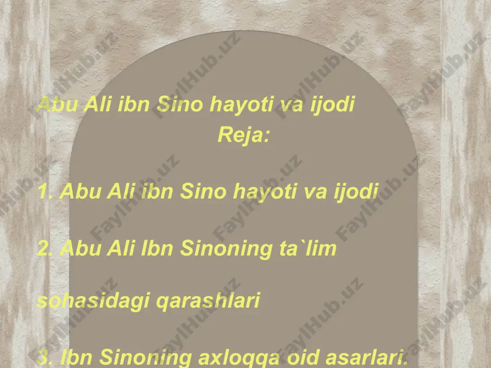 handasa va boshqa fanlardan ta`lim oladi. shundan so`ng ibn sino o`zi mustaqil holda barcha fanlar bilan shug`ullana boshlaydi. u ayniqsa tib ilmini chuqur egallab oladi, bu sohada unga ta`lim bergan kishi buxorolik abu mansur kamariy bo`ldi. ibn sino so`ngra falsafani o`rganishga kirishadi. ayniqsa, aristotel falsafasini, uning «metafizika» asari mohiyatini buyuk mutafakkir abu nasr forobiyning yozgan sharhi tufayli to`liq o`zlashtirib oladi. ix asr oxiri – x asr boshlariga kelib, o`lkada siyosiy-ijtimoiy vaziyat murakkablashdi. shu tufayli ibn sino xorazmga – urganchga ko`chib o`tadi. xorazmda u bir qator olimlar bilan hamkorlikda abu rayhon beruniy boshqarayotgan «ma`mun akademiyasi»da ilmiy ish bilan shug`ullana boshlaydi. xorazmda o`zining yirik asarlari – «tib qonunlari», «ash-shifo» kitoblari ustida ish olib boradi. mahmud g`aznaviy 1017 yilda xorazmni o`ziga qaram qilib olgach, nufuzli olimlarni ham o`z saroyiga chaqirib ola boshlaydi. ibn sino mahmud g`aznaviy saroyiga bormay, boshqa yurtlarga ketishga majbur bo`ladi. gurganjda, rayda, keyin esa hamadonda va umrining so`nggi yillari isfaxonda …