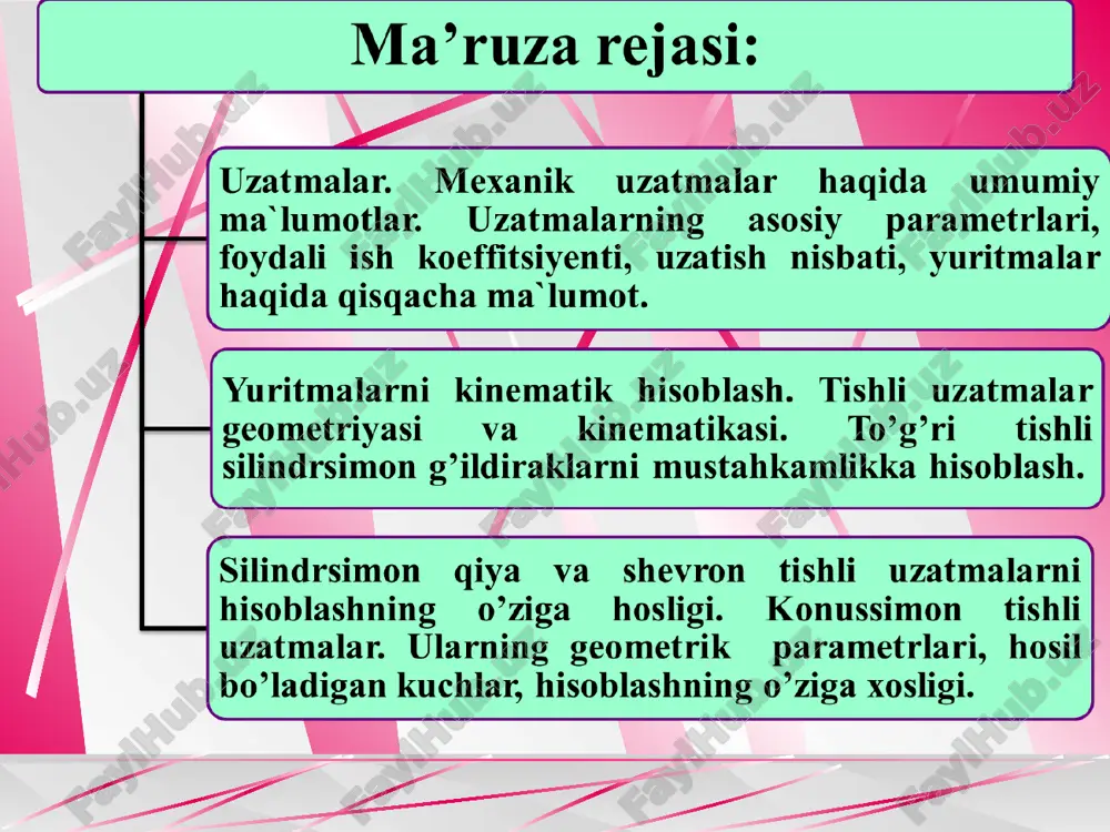 arish uchun zarur bo‘ladi. asosiylardan tashqari hosil bo‘lgan xarakteristkalar ham ishlatiladi, ular foydali ish koeffitsiyenti va uzatish nisbati. foydali ish koeffitsiyenti (f.i.k.), yoki bu yerda, pr - uzatmada yo‘qotilgan quvvat. uzatish nisbati quvvat oqimi bo‘ylab aniqlanadi. hosil bo‘lgan xarakteristikalar ko‘pincha asosiylari o‘rniga ishlatiladi. masalan, uzatmani p1, n, i, η yordamida hisoblash mumkin. tishli uzatmalar yuritmalar to’g’risida umumiy ma’lumotlar va ularni kinematik hisoblash. mexanik yuritmalarning kinematik hisobi yuritmani tashkil etuvchi uzatma, mufta, podshipnik, vallarni hisoblashning ilk dastlabki hisobi sanaladi. mexanik yuritmalar kinemtik belgilar yordamida belgilanadi. asosiy mashina detallarining uzatmalar, muftalar podshipniklari shartli belgilashlari standart bo‘yicha qabul qilinadi. «mashina detallari» fanida mexanik yuritmalarning harakat manbai sifatida 4a seriyali elektrodvigatellar ishlatiladi. mexanik yuritmalarda ochiq uzatma sifatida tasmali, zanjirli yoki tishli uzatmalardan foydalaniladi. yopiq tishli uzatmalar aksariyat hollarda tishli yoki chervyakli bir, yoki ikki pog‘onali reduktor sifatida qo‘llanadi. mexanik yuritmaning kinematik hisobida quyidagi hisoblash ishlari bajariladi. 1. elektrodvigatelning zarur qiymat miqdori aniqlanadi, bu qiymat …