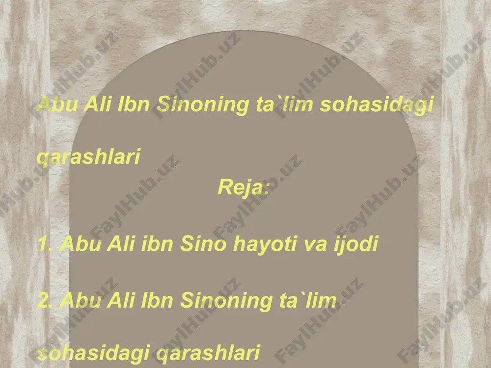 falsafa, mantiq, handasa va boshqa fanlardan ta`lim oladi. shundan so`ng ibn sino o`zi mustaqil holda barcha fanlar bilan shug`ullana boshlaydi. u ayniqsa tib ilmini chuqur egallab oladi, bu sohada unga ta`lim bergan kishi buxorolik abu mansur kamariy bo`ldi. ibn sino so`ngra falsafani o`rganishga kirishadi. ayniqsa, aristotel falsafasini, uning «metafizika» asari mohiyatini buyuk mutafakkir abu nasr forobiyning yozgan sharhi tufayli to`liq o`zlashtirib oladi. ix asr oxiri – x asr boshlariga kelib, o`lkada siyosiy-ijtimoiy vaziyat murakkablashdi. shu tufayli ibn sino xorazmga – urganchga ko`chib o`tadi. xorazmda u bir qator olimlar bilan hamkorlikda abu rayhon beruniy boshqarayotgan «ma`mun akademiyasi»da ilmiy ish bilan shug`ullana boshlaydi. xorazmda o`zining yirik asarlari – «tib qonunlari», «ash-shifo» kitoblari ustida ish olib boradi. mahmud g`aznaviy 1017 yilda xorazmni o`ziga qaram qilib olgach, nufuzli olimlarni ham o`z saroyiga chaqirib ola boshlaydi. ibn sino mahmud g`aznaviy saroyiga bormay, boshqa yurtlarga ketishga majbur bo`ladi. gurganjda, rayda, keyin esa hamadonda va umrining so`nggi …