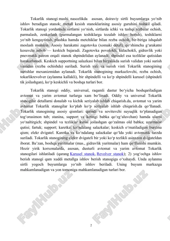 ko`rsatkichlaridan biridir. mashinasozlikning asosini mashinalarni loyixalash va ishlab chiqarish tashkil etadi. mashinalar o`z navbatida jamiyat turmush farovonligini ko`rsatadi. ular ish unumdorligini, mehnat samaradorligini va mahsulot sifatini oshiradilar. mustaqillikning boshlang`ich davridayoq, mamlakatimizda mashinasozlikni rivojlantirishga asosiy e'tibor qaratildi. ko`plab qo`shma korxonalari mashinasozlik mahsulotlarini ishlab chiqara boshladi. mashinalarga yuqori aniqlik va tezlik, issiqlikka chidamlilik, kichik vazn va xajm, mustahkamlik va ishonchlilik kabi yuqori talablar qo`yilgan. bunday talablarni oshib borishi mashinasozlar oldiga murakkab konstruktorlik va texnologik savollarni qisqa vaqt ichida yechish masalasini qo`ymoqda. tokarlik stanogi mashi nasozlikda asosan, doiraviy sirtli buyumlarga yoʻnib ishlov beradigan stanok; metall kesish stanoklarining asosiy guruhini tashkil qiladi. tokarlik stanogi yordamida sirtlarni yoʻnish, sirtlarda ichki va tashqi rezbalar ochish, parmalash, zenkerlash (parmalangan teshiklarga tozalab ishlov berish), teshiklarni yoʻnib kengaytirish, plashka hamda metchiklar bilan rezba ochish, bir-biriga ishqalab moslash mumkin. asosiy harakatni zagotovka (xomaki detal), qoʻshimcha gʻarakatni kesuvchi asbob — keskich bajaradi. zagotovka povolokli, kulachokli, gidravlik yoki pnevmatik patron orqali stanok …