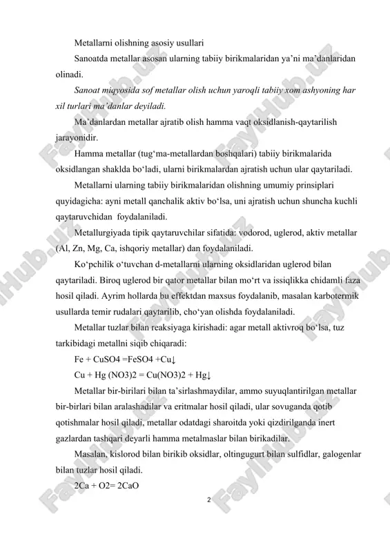 ucl2 6li + n2 = 2li3n metallar bug‘ holatda molekulalar hosil qilmaydilar. metallar suyuqlanish va qaynash temperaturalarga ega. yuqori temperaturada metallarning aktivliklari ortadi. texnikada metallar va qotishmalar davriy jadvaldagi 105 ta ma’lum bo‘lgan kimyoviy elementlardan 83 tasi metallar va faqat 22 tasi metalmaslardir. oltin, kumush va mis kabi metallar odamlarga qadimdan ma’lum bo‘lgan. qadimgi va o‘rta asrlarda faqat 7 ta metall (oltin, kumush, mis, qalay, qo‘rg‘oshin, temir va simob) ma’lum bo‘lgan deb hisoblanadilar. m. v. lomonosov metallni yaltiroq jism, ularni bolg‘alash mumkin deb ta’riflagan va metallarga oltin, kumush, mis, qalay, temir va qo‘rg‘oshinlarni kiritgan. a. lavuazye «kimyoning boshlang‘ich kursi» (1789 y.) kitobida 17 ta metallni keltirgan. xiv asr boshlarida esa platina metallari, keyin ishqoriy, ishqoriy-yer va qator boshqa metallar kashf qilingan. davriy qonunning tantanasi (triumfi) uning asosida d. i. mendeleyev tomonidan bashorat qilingan galliy, skandiy va germaniy kabi metallarning ochilishi bo‘ldi. xx asr o‘rtalarida yadro reaksiyalari yordamida tabiatda uchramaydigan radioaktiv …