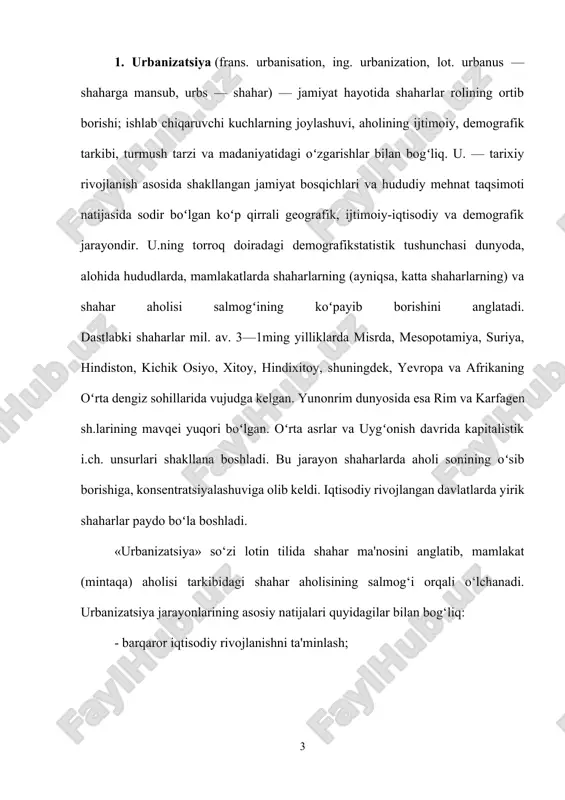 or vazifalarini hal etish va raqamli iqtisodiyotni qo‘llash; - katta, o‘rta va kichik shaharlar rivojlanishini maqbullashtirish; - shahar aglomeratsiyalari orqali ishlab chiqarish kuchlarini joylashtirishning samarali shakllarini tatbiq etish; - shaharlarda sanoat zonalari, texnoparklar, innovatsiya markazlari tashkil etish. 2. atrof-muhit deganda erdagi barcha organizmlarning rivojlanishi va hayotiga ta'sir qiluvchi barcha sharoit va ta'sirlarning yig'indisi tushuniladi. ekologiya - bu tirik organizmlar va ularning jismoniy atrof-muhit o'rtasidagi o'zaro ta'sirni o'rganadigan fan. ikkalasi ham bir-biri bilan chambarchas bog'liq va doimiy o'zaro ta'sirga ega. qisqasi, atrof-muhitdagi har qanday o'zgarish tirik organizmlarga va aksincha ta'sir qilishi mumkin. atrof muhit deganda inson, hayvon yoki o'simlik yashaydigan yoki o'z faoliyatini davom ettiradigan muhit yoki sharoitlar tushuniladi. atrof-muhit tushunchasi fizik va biologik dunyoning barcha elementlarini va ularning o'zaro ta'sirini anglatadi. inson hayoti tsiklida atrof-muhit muhim rol o'ynaydi, chunki inson hayoti atrof-muhitga bog'liq. qisqacha aytganda, atrof-muhit - bu muayyan vaqt va joyda insonni o'rab turgan umumiy sharoitlar. atrof muhit - …