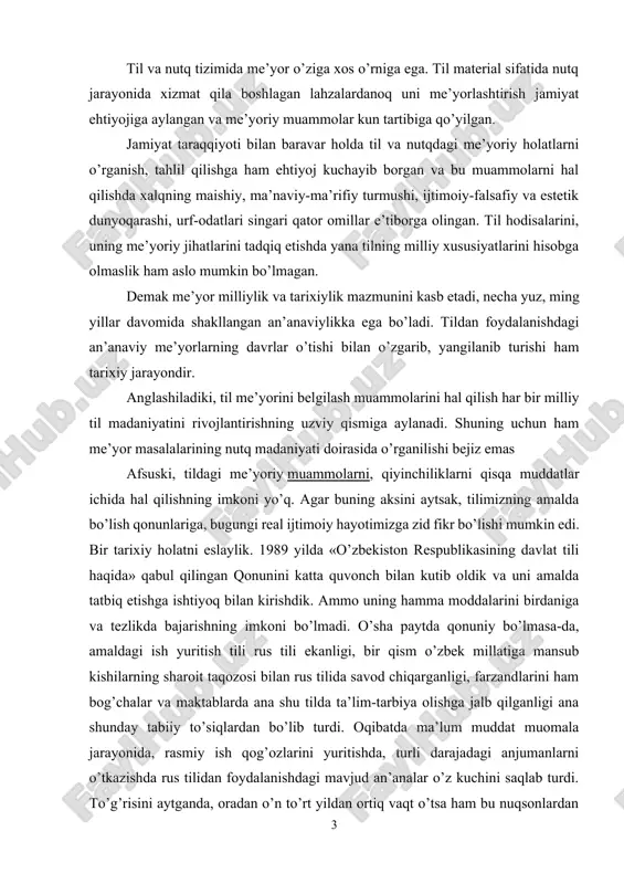 tili ekanligi, bir qism o’zbek millatiga mansub kishilarning sharoit taqozosi bilan rus tilida savod chiqarganligi, farzandlarini ham bog’chalar va maktablarda ana shu tilda ta’lim-tarbiya olishga jalb qilganligi ana shunday tabiiy to’siqlardan bo’lib turdi. oqibatda ma’lum muddat muomala jarayonida, rasmiy ish qog’ozlarini yuritishda, turli darajadagi anjumanlarni o’tkazishda rus tilidan foydalanishdagi mavjud an’analar o’z kuchini saqlab turdi. to’g’risini aytganda, oradan o’n to’rt yildan ortiq vaqt o’tsa ham bu nuqsonlardan to’laligicha qutila olgan emasmiz. o’zbek tilidan foydalanishdagi qiyinchiliklarning ko’plari bartaraf etilganligini, til amaliyotiga oid masalalarning bosqichma-bosqich hal bo’lib borayotganini ham kuzatamiz. harqalay o’tgan vaqt mobaynidagi tildan foydalanish jarayoni bir narsani isbotladi - til me’yoriy muammolarining ijobiy hal qilinishi vaqt degan hakamga ham bog’liqligi ma’lum bo’ldi. til elementlarining ma’lum bir me’yorga keltirilishi, bir tomondan, til mutaxassislari tomonidan boshqarib borilsa, ikkinchi tomondan, tabiiy ravishda ham yuz beradi. ammo, fikrimizcha, bir narsa ma’lum - tilning amalda bo’lish holatlariga tazyiq o’tkazib bo’lmaydi. lekin tegishli yo’l-yo’riqlar, ko’rsatmalar, tavsiyalar …