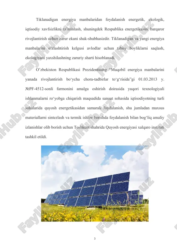 qo‘llagan holda quvvati 130 kvtga teng bo‘lgan quyosh fotoelektr stansiyasini sinov tariqasida qurish to‘g‘risidagi memorandum asosida koreya tomonining grant mablag‘lari hisobiga zamonaviy fotoelektr stansiyasi qurildi. stansiya uchun uskunalar koreya fotoelektr sanoati uyushmasi tarkibiga kiruvchi «hanhwa», «jspv», «s-energy» va «topsun», kompaniyalari tomonidan yetkazib berildi. respublikada shamol energetikasini rivojlantirish maqsadida intec gopa (germaniya) kompaniyasi tomonidan geo-net bilan uyushgan holda mamlakatning shamol imkoniyatlarini o‘rganish bo‘yicha loyiha-tadqiqot ishlari amalga oshirildi. o’rganish natijalari bo‘yicha taqdimot o‘tkazilib, “o’zbekiston respublikasining shamol energetikasi imkoniyatlarini rivojlantirishni baholash – mezomasshtabda modellashtirish va maydonlarni baholash” hisoboti taqdim etildi. natijada qoraqalpog‘iston respublikasi va navoiy viloyatida shamol energetikasini yanada kengaytirish maqsadida katta imkoniyatlarga ega maydonlar tanlab olindi. yaqin kelajakda quvvati 100 mvtdan ortiq bo‘lgan shamol stansiyasini barpo etish mo‘ljallangan. tiklanadigan energiya manbalarining har xil turlaridan foydalanish tajribasini to‘plash maqsadida “sirdaryo ies” aj , “xorazm xetk” aj, “jizzax xetk” ajning chorvachilik komplekslarida ajralgan biogazdan komplekslarning o‘z ehtiyojlari uchun foydalanish uchun biogaz qurilmalari ishga tushirildi. …