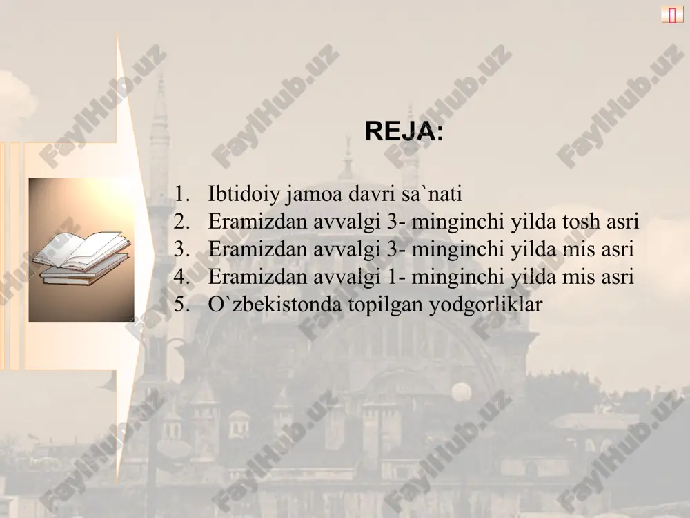 an. shunday qurollar so'x vohasining selung'ur g'oridan, ohangaron daryosi yaqinida ko'lbuloq manzili, boysun tog'iari va zarafshon etaklaridan topilgan, bu topilgan mehnat qurollarining ilk namunalari asosan ikki tomoniga ishlov berilgan chopqichlar bo'lib, uning bir tomoni uchli va o'tkir bo'lishiga e’tibor berilgan. tosh asrining so'nggi bosqichiga kelib hozirgi zamon odam qiyofasi shakllandi, odamlar tabiiy g'orlarni o'zlashtira boshladilar. ular endilikda toshdan tashqari suyak, yog'ochdan o'zlari uchun kerakli buyumlami yarata boshladilar, bigizlar paydo bo'ldi. bu davrga kelib olovni ixtiro etilishi odamlar jamoasini yaxlitlashishiga olib keldi. odamlar yashaydigan joylarda esa mehnat qurollari yasaydigan ustaxonalar paydo bo'la boshladi, rassomlik, haykaltaroshlik , me’morlikning dastlabki ko'rinishlari shakllandi. ibtidoiy odamlar o'z mehnat va ov qurollariga, kundalik turmushda ishlatadigan buyumlariga turli belgi va chiziqlar chizib ularning go'zalligini orttira boshladilar, o'zlari uchun bezak-taqinchoqlar yaratishga harakat qildilar. ibtidoiy jamoa tuzumi kishilik tarixining eng dastlabki, eng oddiy shakli edi, dedik. lekin u bir yerda qotib qolmadi, oddiylikdan murakkablik sari qadam qo’ya borib, keyingi …