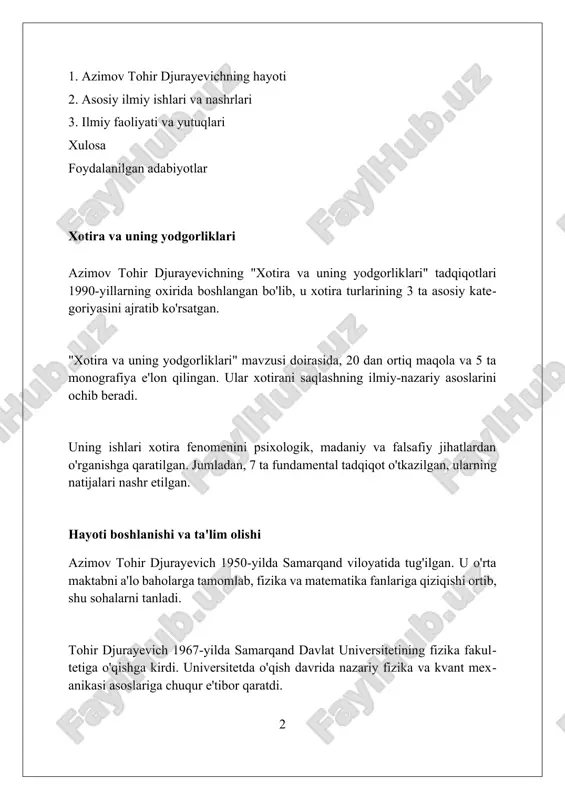 iqotlarining chuqurligidan dalolat beradi. kirish uning 1985-yilda chop etilgan "oshqozon osti bezi kasalliklarini davolashning yangi usullari" nomli monografiyasi tibbiyot olamida katta e'tirofga sazovor bo'lib, 200 dan ortiq ilmiy maqolalar yozgan. azimov tohir djurayevichning 1970-yildagi ilmiy faoliyati o'zbekiston tibbiyotida sezilarli o'zgarishlar davri bo'lib, innovatsion jarrohlik usullari rivojiga katta hissa qo'shgan. akademik azimovning 1990-yillarda olib borgan tadqiqotlari, ayniqsa, jigar transplantatsiyasi sohasidagi ishlari, 500 dan ortiq bemorning hayotini saqlab qolishga yordam berdi. ilmiy ishlarining amaliy ahamiyati uning tadqiqotlari natijasida ishlab chiqilgan yangi polimer materiallar qishloq xo'jaligida suvni tejash uchun gidrogel sifatida keng qo'llanilmoqda, 20% suv sarfini kamaytiradi. azimovning katalitik tizimlari kimyo sanoatida reaksiyalarning tezligini 35% gacha oshirishga imkon berdi, bu esa mahsulot sifatini yaxshilab, ishlab chiqarish xarajatlarini kamaytirdi. uning ishlanmalari asosida yaratilgan quyosh energiyasini yig'ish qurilmalari (30% samaradorlik) uzoq hududlarda elektr energiyasi bilan ta'minlashda muhim ahamiyatga ega. asosiy ilmiy ishlari va nashrlari uning asosiy ilmiy ishlaridan biri yarimo'tkazgichli geterostrukturalar asosida yangi optoelektron qurilmalarni …