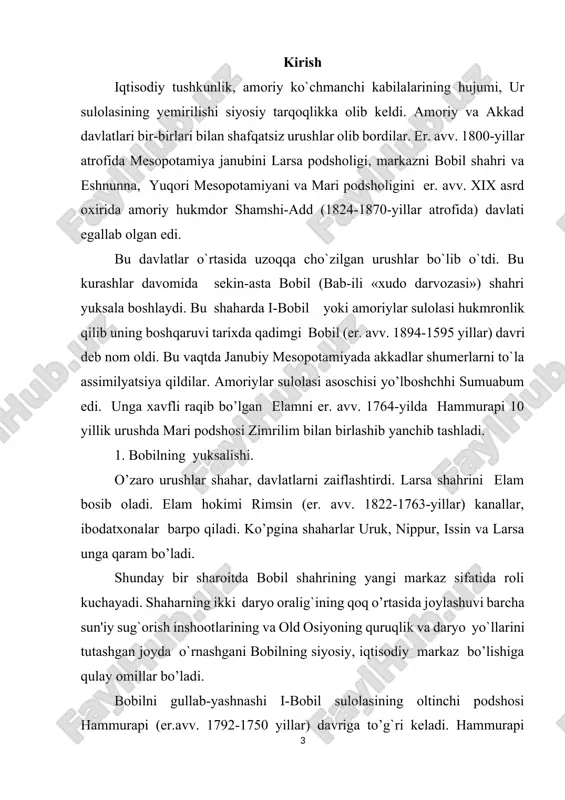 .avv. 1792-1750 yillar) davriga to’g`ri keladi. hammurapi dono, uzoqni ko’ra oladigan davlat arbobi, ayyor diplomat, yirik strateg, adolatli qonunshunos va mohir tashkilotchi edi. hammurapi bobil uchun foydali bo’lgan ittifoqlar tuzishga mohir diplomat bo’lib, bu ittifoq o’z vazifasini o’tab bo’lgach tezda undan voz kechgan. hammurapi dastlab larsa bilan ittifoq tuzadi va janubda ur va issin shaharlarini bosib oladi. mari bilan ittifoq tuzib, eshnunna shahrini bosib oladi. mari bilan birgalikda sobiq ittifoqchisi larsani o’ziga bo`ysundirgach, hammurapi er.avv. 1759 yil mari shahrini bosib oladi. shimolda faqat zaiflashib qolgan osuriya qoladi, uning yirik shaharlari ashshur va nineviya bobil hokimiyatini tan oladilar. hammurapining 42 yillik hukmronligi davomida bobil kichik shahardan butun mesopotamiyani birlashtirgan yangi qudratli davlatning poytaxti, old osiyoning yirik siyosiy–iqtisodiy va madaniy markaziga aylanadi. mesopotamiyada yagona markazlashgan davlat tashkil topdi. hammurapi uni ikki qismga: akkad tillarida so’zlashadigan shumer-akkad xudolariga sig`inadigan asosiy hududga va elam suzasi, yuqori mesopotamiyani xurrit-amoriy hududlarini o`z ichiga olgan viloyatga bo`ldi. …