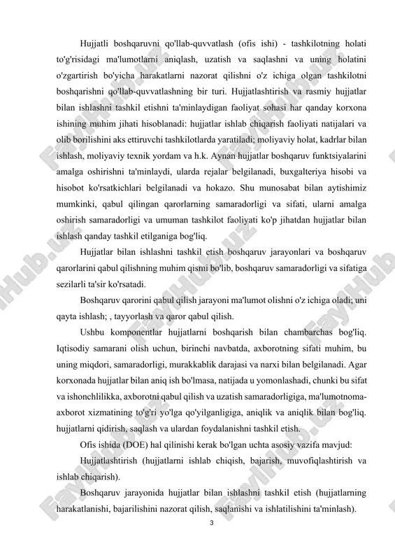 og'liq. hujjatlarni qidirish, saqlash va ulardan foydalanishni tashkil etish. ofis ishida (doe) hal qilinishi kerak bo'lgan uchta asosiy vazifa mavjud: hujjatlashtirish (hujjatlarni ishlab chiqish, bajarish, muvofiqlashtirish va ishlab chiqarish). boshqaruv jarayonida hujjatlar bilan ishlashni tashkil etish (hujjatlarning harakatlanishi, bajarilishini nazorat qilish, saqlanishi va ishlatilishini ta'minlash). hujjatlar arxivini tashkil etish. boshqaruvning hujjat ta'minoti mustaqil tarkibiy bo'linma sifatida ishlaydigan maxsus xizmat tomonidan amalga oshiriladi. bu: ishlar boshqarmasi, umumiy bo'lim, idora yoki kotibiyat bo'lishi mumkin. dow xizmati uchta asosiy vazifani hal qiladi: boshqaruv faoliyatini hujjatlashtirishni ta'minlash; muassasada hujjatlar bilan ishlashni tashkil etish; hujjatlar bilan ishlash shakllari va usullarini takomillashtirish. dow xizmati oldida turgan vazifalar uning funktsiyalarini belgilaydiboshqaruv faoliyatini hujjatlashtirishni ta'minlash vazifalari quyidagi funktsiyalarni bajarish orqali hal qilinishi mumkin: shakllarni ishlab chiqish va loyihalash, ularni ishlab chiqarishni ta'minlash; hujjatlarni tayyorlash, nusxa ko'chirish va takrorlashni ta'minlash; hujjatlarni tayyorlash va rasmiylashtirish sifatini, hujjatlarni tasdiqlash va sertifikatlashning belgilangan tartibiga rioya etilishini nazorat qilish. muassasada hujjatlar bilan ishlashni …
