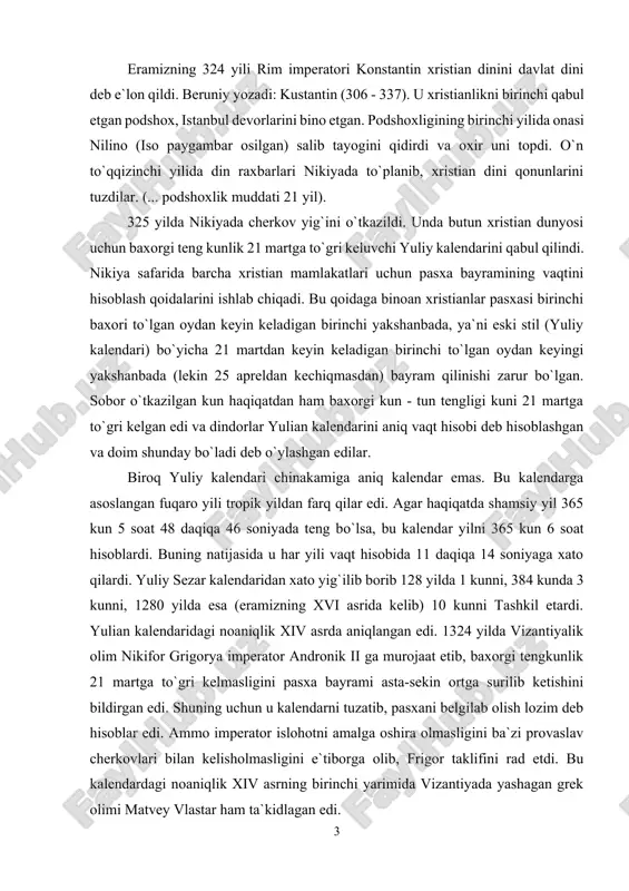 oaniqlik xiv asrda aniqlangan edi. 1324 yilda vizantiyalik olim nikifor grigorya imperator andronik ii ga murojaat etib, baxorgi tengkunlik 21 martga to`gri kelmasligini pasxa bayrami asta-sekin ortga surilib ketishini bildirgan edi. shuning uchun u kalendarni tuzatib, pasxani belgilab olish lozim deb hisoblar edi. ammo imperator islohotni amalga oshira olmasligini ba`zi provaslav cherkovlari bilan kelisholmasligini e`tiborga olib, frigor taklifini rad etdi. bu kalendardagi noaniqlik xiv asrning birinchi yarimida vizantiyada yashagan grek olimi matvey vlastar ham ta`kidlagan edi. yuliy kalendarining xatosi natijasida haqiqiy baxorgi tengkunlik vaqti kalendar vaqtiga to`gri kelmay qoladi. kun bilan tunning baravar bo`lish payti tobora oldingi kunlarga avval 20 martga, so`ng 19, 18, 17 va xoqazo kunlarga o`tib boradigan bo`lib qoladi. xvi asrga kelib xatto rosa 10 kunni tashkil qilgan edi: tun - kun tengligi 21 martda bo`lishi kerak edi, haqiqatdan esa 11 martdayoq kun - tunga baravar bo`lib qolgan edi. kun - tun tengligini kalendar bo`yicha 21 martda …