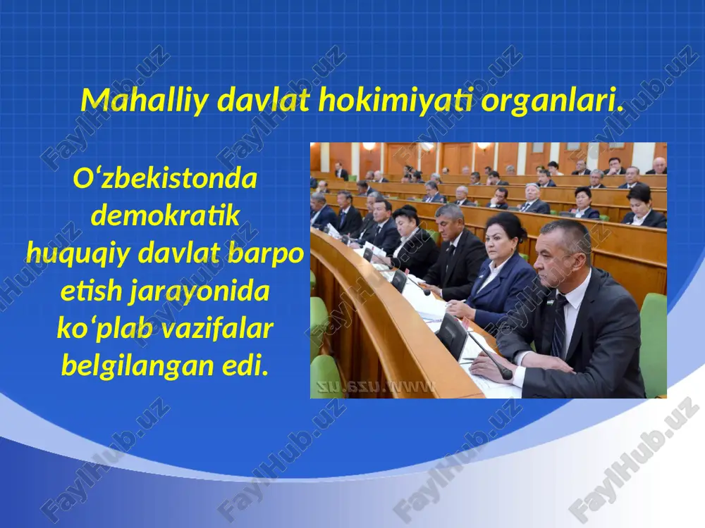 u – o‘zbekiston xalq demokratik partiyasidir. partiyaga 1991-yilning noyabrida asos solindi. xalq demokratik partiyasi belgisi mustaqillikning dastlabki yillarida tashkil topgan partiyalardan yana biri bu – o‘zbekiston “adolat” sotsial-demokratik partiyasidir. u 1995-yil fevralda tuzilgan. “adolat” sotsial-demokratik partiyasi belgisi mustaqillik yillarida tashkil topgan partiyalardan yana biri – bu o‘zbekiston milliy tiklanish demokratik partiyasidir. ushbu partiya 1995-yili iyunda tuzilgan. o‘zbekiston siyosiy tizimida o‘ziga xos o‘ringa ega bo‘lib ulgurgan o‘zbekiston liberal-demokratik partiyasi (o‘zlidep) 2003-yil noyabrda tashkil topgan. o‘zbekiston ekologik harakati. o‘zbekiston ekologik harakati o‘z faoliyatini fuqarolarning hozirgi va kelgusi avlodi qulay atrof-muhit sharoitida yashashi, aholi salomatligini yaxshilash, barcha tabiiy resurslarni muhofaza qilish jarayonlarini yanada chuqurlashtirishda jamiyatning bor kuch va salohiyatini safarbar qilishga qaratgan. o‘zbekiston ekologik harakati 2008-yil avgustda tashkil topgan. savol va topshiriqlar: 1. mahalliy davlat hokimiyati organlarini sanang. ular o‘z faoliyatini qaysi qonunlar asosida yuritadi? 2. saylov tizimidagi so‘nggi o‘zgarishlar haqida nimalarni bilasiz? 3. mahalliy hokimiyat va mahalliy vakillik organi o‘rtasida qanday farq …