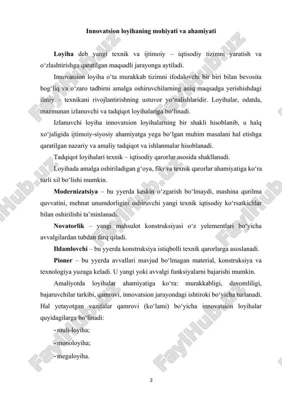 n sodda ishlam bilan cheklangan loyihadir. ular buyurtmachining o‘zaro bir biriga bog‘liq g‘oyalari asosida tuziladi. mono-loyiha – mult loyihalarning muqobil varianti hisoblanib, ularni cheklangan vaqt va manbalar bilan yagona loyiha bo‘yicha birlashvidir. mega-loyiha – bu umumiy maqsad sari yo‘naltirilgan loyiha uchun zarur manbalar va uni bajarish uchun ketadigan vaqtga o‘zaro bog‘liq bir necha loyihalardan tashkil topgan maqsadli dasturlardir. mega-loyihalarni shakllanishi va amaliyotga tatbiq yetilishi bir qator tarmoqlar, hududlar, sanoat – moliya guruhlari, yirik korporatsiya va davlatlar birlashuvini talab etadi. megaloyihalar halqaro, mamlakat doirasida, milliy va hududiy haraktyyerda bo‘lishi mumkin. loyihalar bajarilayotgan ishlar hajmi va davomiylik muddatiga ko‘ra: · qisqa muddatli (1-2 yil) · o‘rta muddatli (5 yilgacha) · uzoq muddatli (5 va undan ortiq yil) bo‘ladi. loyiha tarkibi va bosqichlari(amaliyotga tatbiq etish) uning tarmoq va funksional moyilligini belgilaydi. innovatsion loyihalarning asosiy bo‘limlari: loyiha mazmuni va dolzarbligi, loyihaning bosh maqsadi, ya’ni marketing tadqiqotlari va muammolar tarkibi asosida shakllanadi. loyihani bosh maqsadini …