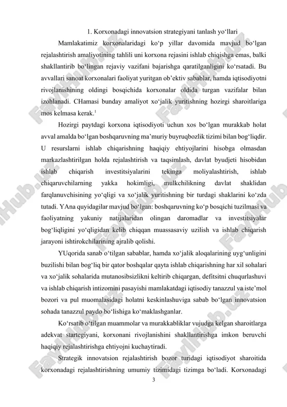 pul muomalasidagi holatni keskinlashuviga sabab bo‘lgan innovatsion sohada tanazzul paydo bo‘lishiga ko‘maklashganlar. ko‘rsatib o‘tilgan muammolar va murakkabliklar vujudga kelgan sharoitlarga adekvat startegiyani, korxonani rivojlanishini shakllantirishga imkon beruvchi haqiqiy rejalashtirishga ehtiyojni kuchaytiradi. strategik innovatsion rejalashtirish bozor turidagi iqtisodiyot sharoitida korxonadagi rejalashtirishning umumiy tizimidagi tizimga bo‘ladi. korxonadagi strategik innovatsion rejalashtirishning ob’ekti innovatsion faoliyatdan iborat bo‘ladi, uni ko‘rib chiqa turib, quyidagilarni aytish mumkin: · hozirgi sharoitlarda korxonadagi innovatsion faoliyat strategiyasi innovatsion strategiyalarni korxonani rivojlanishining asosiy maqsadlari va vazifalaridan kelib chiqqan holda, resursli ta’minlash va xatar omilini hisobga olish, tashqi muhitning holati va shaxsiy innovatsion imkoniyatlarni oldindan bashoratlash va mustaqil ishlab chiqishning ob’ektiv zaruriyati pishib etilgan; · ehtimol bo‘lgan katta foydani olish maqsadlarida yangi raqobatbardosh mahsulotni yaratish va uni texnika va texnologiyalarning zamonaviy darajasida ishlab chiqarish sohasidagi ilmiy – texnik siyosatni ishlab chiqish va amalga oshirish innovatsion faoliyatning asosiy mazmuni bo‘lib qolgan; · innovatsion strategiyani amalga oshirishda ittki ning strategik ahamiyati o‘sadi, va shuning …