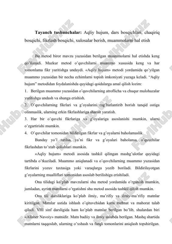 mashq shartida matnlarni taqqoslab, ularning o’xshash va farqli tomonlarini aniqlash topshirilgan. mazkur matnni «aqliy hujum» metodi yordamida o’rganish ko’zlangan maqsadga erishish imkoniyatini yaratadi. bu metod asosida matn bilan ishlash bir necha bosqichda olib boriladi. 1-bosqich. o’quvchilarni mavzuni tushunishga tayyorlash. o’tgan mashg’ulotlarda berilgan nugq uslublariga oid ma’lumotlar esga olinadi va takrorlanadi, har bir nutq uslubining o’ziga xos xususiyatlari yodga olinadi. chunki matnlarni taqqoslash uchun o’quvchilarda nutq uslublariga oid ma’lumotlar etarli bo’lishi kerak. nutq uslublariga oid bitimlar yodga olingandan so’ng har ikki matn o’quqchilar tomonidan mustaqil o’qib chiqiladi. o’quvchilar matn mazmunini tushunishga harakat kiladilar. 2-bosqich. berilgan matnlarning o’xshash tomonilarini aniqlash. buning uchun o’qituvchi o’quvchilarga quyidagi savolni beradi: har ikki matn qaysi jihatdan bir-biriga o’xshaydi? o’quvchilar mazkur savolga shunday javob beradilar: · har ikki matn ham alisher navoiy haqida; · matnlarning mazmuni bir xil; · har ikki matnda ham navoiy ijodi haqida fikr bildirilgan; · har ikkala matnda ham shoirning ustozlari nomlari keltirilgan; …