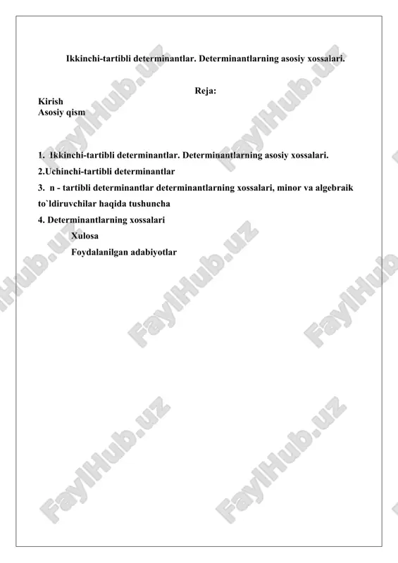 birinchi, b, d – ikkinchi ustun, a, d- bosh yoki birlamchi, b, c- ikkilamchi diagonallar bir-biridan farqlaniladi. ikkinchi-tartibli determinant misolida determinantlarning quyidagi asosiy xossalarini tekshirib ko`rish qiyin emas. determinantning kattaligi: 1-xossa: satrlari mos ustunlari bilan almashtirilsa - o`zgarmaydi; 2-xossa: satrlari (ustunlari) o`rinlari almashtirilsa - ishorasi qarama-qarshisiga o`zgaradi; 3-xossa: biror-bir satr (ustun) har bir elementi k haqiqiy songa ko`-paytirilsa - k marta ortadi; 4-xossa: biror-bir satr (ustun) har bir elementi nolga teng bo`lsa – nolga teng; 5-xossa: ikki satr (ustun) mos elementlari o`zaro teng yoki proportsional bo`lsa - nolga teng. quyida ta`riflanadigan 3-tartibli, ixtiyoriy n-tartibli determinantlar uchun ham yuqoridagi xossalar o`rinli. uchinchi-tartibli determinantlar uchinchi tartibli determinant yoki aniqlovchi deb, δ = a11a22a33 + a12a23a31 + a13a21a32 - a13a22a31-a11a23a32 - a12a21a33 (1) yig`indiga teng songa aytiladi va ko`rinishda yoziladi. haqiqiy aik (i, k = {1, 2, 3}) sonlarga determinantning elementlari deyiladi. aik element i- satr va k- ustun elementi bo`lib, ularning kesishmasida …