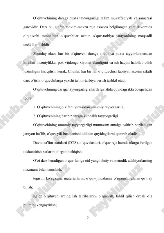 dts va o`quv dasturidan o`tilayotgan mavzu yuzasidan o`quvchida qanday tushunchalar (bilim, ko`nikma va malakalar) shakllantirilishi lozimligi aniqlashtirilib, shu asosida dars maqsadlari belgilab olinadi. 3-bosqich: mavzu asosida darsda foydalaniladigan texnik vositalar, elektron manbalar, slaydlar, ko`rgazmali va didaktik materiallar, adabiyotlar o`rganib chiqiladi hamda dars ishlanmasi (konspekti) yoziladi. dars ishlanmasi (konspekt)ning tarkibiy qismlari quyidagilardan iborat: sana, sinf (parallel sinflar uchun bitta mavzu bo`yicha alohida-alohida dars ishlanmasi (konspekt)ni yozish shart emas, bitta mavzuga bitta dars ishlanmasi yozilsa kifoya. 5-"a", "b" sinflar deb ko`rsatiladi), fan nomi yoziladi. darsning mavzusi (taqvim-mavzu reja asosida). dars maqsadi (darsga qo`yilgan maqsad 45 daqiqa davomida bajariladigan (erishiladigan), aniq, hayotiy (real) va dars yakunida baholanadigan(o`lchamli) bo`lishi maqsadga muvofiq): a) ta'limiy maqsad - dars jarayonida o`quvchilarda shakllantiriladigan bilim, ko`nikma va malakalar asosida belgilanadi; b) tarbiyaviy maqsad - dars jarayonida o`quvchilarda qaysi axloqiy sifatlar shakllantirilishi asosida belgilanadi; s) rivojlantiruvchi maqsad - dars natijasida o`quvchilarda qaysi bilimlar va axloqiy fazilatlar rivojlantirilishi asosida belgilanadi. dars …