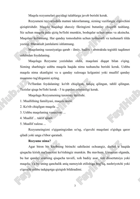ular kelajakdagi nashrning asosiy g'oyasini bir necha jumlalarda ifodalash kerakligini yodda tutishlari kerak. va bu juda qisqa va iloji boricha ishonchli tarzda amalga oshirilishi kerak. bunday rezyumening rasmiy tavsiya etilgan hajmi odatda 1000 belgidan oshmaydi. rezyume nimadan iborat? ilmiy va informatsion uslubning ushbu janri ikkita majburiy qismdan iborat. birinchisida manba shubhasiz tavsiflanadi, muallif tomonidan qo'yilgan maqsad, uning asosiy g'oyasi va tadqiqot doirasi aniqlanadi. shuningdek, ish uslubiyati va olingan natijalar tavsiflangan. ikkinchi qism sharhlangan maqola mo'ljallangan auditoriyani belgilaydi. bunday holda, siz taqdimot tili qanchalik aniqligini aniq belgilashingiz kerak. ba'zi hollarda maqolalarning rezyumelarida qo'shimcha ma'lumotlar bo'lishi mumkin. ular manbaning tarkibi, tuzilishi haqida gaplashish, shuningdek unda ishlatilgan tasviriy materiallar bilan tanishish o'rinlidir. xulosa qilib aytganda, tadqiqotda muallif tomonidan qanday yangi fikrlar va g'oyalar bildirilganligini ko'rsatish, uni xulosalari yoki tavsiyalari bilan tanishtirish o'rinli bo'lmaydi. ilmiy maqola uchun abstrakt nima qanday qilib maqolaga rezyume yozishni aniqlamasdan oldin, bu nimani anglatishini tushunishingiz kerak. shunday qilib, rezyume …