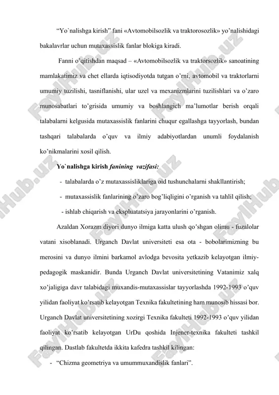 urdu injener-texnika fakulteti va 1991yildan faoliyat olib borgan toshkent arxitektura-qurilish institutining urganch fakulteti bazasida muxandis - texnika markazi tashkil kilindi. 1996 yildan injener texnika fakulteti t.f.n.dots. baxodir atabekovich sabirov raxbarligida qaytadan tashkil qilindi va uni tarkibida quyidagi kafedralar faoliyat olib bordi : - arxitektura va qurilish sohasida mutaxassislar tayyorlovchi “loyihalash asoslari” kafedrasi; - mashinasozlik sohasida mutaxassislar tayyorlovchi “mashinasozlik” kafedrasi; - “umumiy fizika va radioelektrotexnika” kafedrasi faoliyat koʼrsatgan va quyidagi yoʼnalishlar boʼyicha mutaxassislar tayyorlangan: • arxitektura; • suv taʼminoti va kanalizatsiya; • sanoat va fukaro qurilishi; • gidrotexnika inshootlari qurilishi; • qurilish konstruktsiyalari ishlab chiqarish; • ozik - ovkat sanoati mashina apparatlari; • sovutish mashinalari va kurilmalari; • avtomobil va avtomobil xoʼjaligi boʼyicha kadrlar tayyorlashda faoliyat olib borilgan. 2011-2012 oʼquv yilidan universitet fakultetlarini umumlashtirish natijasida fakultet tarkibiga “kimyoviy texnologiyalar” yoʼnalishi jipslashtirilib kimyo-texnika fakulteti tashkil qilinib,unda quyidagi: - arxitektura; - qishloq hududlarini arxitekturaviy loyihalashni tashkil etish; - shaxar qurilishi va xoʼjaligi - …