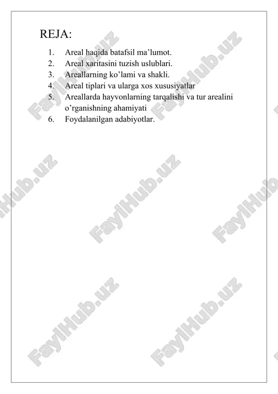 asdan, inson hayotida nazariy va amaliy jihatdan muhim ahamiyatga ega bo'lgan turlarning areallarini o'rganish juda muhim. chunki, shu asosda u yoki bu turning kelajagi va ahamiyati haqida ayrim xulosalar ehiqarish imkoniyatlari yaratiladi. turlarni iqlimlashtirish va qayta iqlimlashtirish,ularning son dinamikasidagi o'zgarishlarni aniqlash, areallarning qisqarishi yoki kengayishi bilan bog'liq masalalai ni halqilishda areallar ustida o'tkaziladigan tadqiqotlar juda zarur. turning yoki boshqa taksonlarning tarqalish chegaralarini belgilasli uchun ularning tarqalish areallari xaritalarda turlieha ifodaladi. bunda tur areali har xil shartli belgilar bilan chegaralanib qolmasdan. balki turning tarqalish ini cheklovehi omillar ham aniqlanadi. areallar chegarasida o'rganilayotgan tur bir tekis tarqalmaydi, ya'ni tur o'zining yashashi uchun qulay bo'lgan arealning muayyan qismlarinigina egallaydi. masalan, kichik yumronqoziq dneprdan boshlab oltoy tog'oldigacha tarqalgan bo'lib, bu chegara uning tarqalish areali hisoblanadi. ammo kichik yumronqoziq o'z areali doirasida joylashgan aholi punktlari hamda o'rmonlarda uchramaydi va u faqat o'zining yashashini ta’minlay oladigan qulayliklarga ega bo'lgan joylardagina uchraydi. arealning bunday qismlari yashash joyiari …