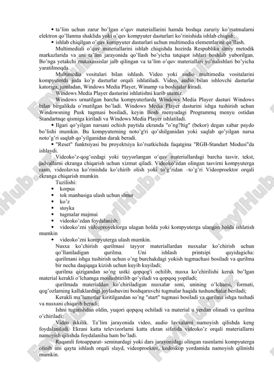 aks ettirish uchun markaziy protsessorning harakatchanligini, ma’lumotlarni uzatish shinasining o’tkazish qobiliyatini, tezkor va video-xotira hajmini, katta sig’imli tashqi xotirani, kompyuter kirish-chiqish kanallari bo’yicha almashuv tezligini taxminan ikki baravarga oshirish talab etiladi; · "inson-kompyuter-inson" interfaol muloqotining yangi darajasining ta’minlanishi nazarda tutiladi. foydalanuvchi, texnik muloqot jarayonida ancha keng va har tomonlama mukammal axborotlarni olishi osonlashadi va tezlashadi. · multimedia vositalarining afzalliklari va uni ta’limda qo’llash muammolari. hozirgi amaliyot shuni ko’rsatmoqdaki, multimedia vositalari yordamida tinglovchilarni o’qitish an’anaviy ta’limdan ikki barobar samarali bo’lmoqda. · ta’lim sohasida multimedia vositalari yordamida tinglovchilarga bilim berish afzalliklari quyidagilardan iborat: · ta’lim jarayonida berilayotgan materiallarni chuqurroq va mukammalroq o’zlashtirish imkoniyatining mavjudligi; · ta’limning turli shakllaridan bir vaqt o’zida foydalanish imkoniyatining paydo bulishi. · boshqa fan sohalari bilan yaqindan aloqa qilish ishtiyoqini yanada oshishi; · dars jarayonida bilim olish vaqtining qisqarishi natijasida vaqtni tejash imkoniyatiga erishilishi; · olingan bilimlarning kishi xotirasida uzoq muddat saqlab qolish va uni amaliyotda qo’llash mumkinligi. …