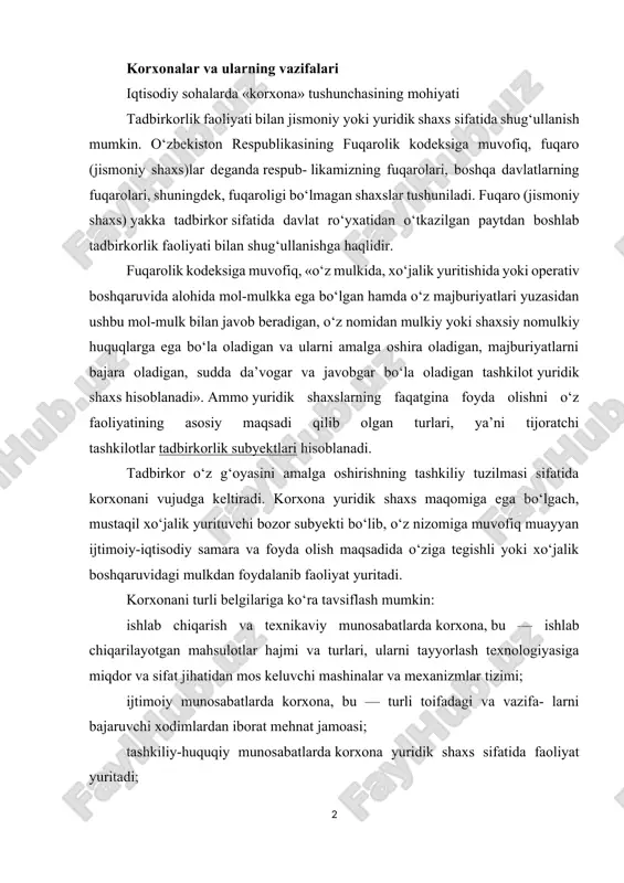 tizimi; ijtimoiy munosabatlarda korxona, bu — turli toifadagi va vazifa- larni bajaruvchi xodimlardan iborat mehnat jamoasi; tashkiliy-huquqiy munosabatlarda korxona yuridik shaxs sifatida faoliyat yuritadi; moliyaviy-iqtisodiy munosabatlarda korxona, bu — tarmoqning mustaqil bo‘g‘ini sifatida o‘zini o‘zi moliyalashtiradigan va boshqaradigan bozor subyekti. korxona o‘ziga xos bo‘lgan ma’lum xususiyatlarga ega: birinchidan, korxona o‘ziga tegishli va xo‘jalik boshqaruvidagi alohida mulkka ega bo‘lib, ushbu mulk uning faoliyati moddiy- texnikaviy imkoniyatlarini, iqtisodiy mustaqilligi va ishonchliligini ta’minlaydi; ikkinchidan, korxona kreditorlar, jumladan, davlat bilan o‘zaro munosabatlardagi majburiyatlar yuzasidan o‘z mulki bilan javob berish xususiyatiga ega bo‘ladi; uchinchidan, korxona xo‘jalik aylanmasida o‘z nomidan harakat qilishi mumkin, ya’ni qonunga asosan, xo‘jalik faoliyati yurituvchi hamkorlar, mahsulot (ish, xizmat) iste’molchilari, xomashyo va asbob- uskuna yetkazib beruvchilar hamda boshqa huquqiy va jismoniy shaxslar bilan shartnoma tuzish huquqiga ega; to‘rtinchidan, korxona qonunchilikka asosan, sudda da’vogar va javobgar sifatida qatnashish huquqiga ega; beshinchidan, korxona mustaqil balans yoki smetaga ega bo‘lib, ishlab chiqarish va mahsulot savdosi …