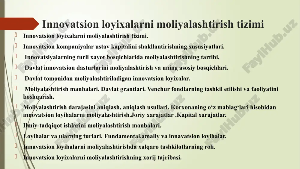 i innovatsion loyihalarga investitsiyalash mexanizmi investitsion resurslar samaradorligi va qarz kapitalining qaytarilishini ta'minlashga qaratilgan boshqarish mexanizmi innovatsion faoliyatni moliyalashtirishning quyidagi shakllari mavjud: 1. korxonaning o'z mablag'lari hisobidan moliyalashtirish; 2. bank kreditlari orqali moliyalashtirish; 3. venchur moliyalashtirish; 4. lizing; 5. forfeyting; 6. aralash moliyalashtirish va boshqalar. umuman olganda, innovatsion loyihalarni moliyalashtirish tizimi moliyalashtirish manbalari va moliyalashtirishning tashkiliy shakllarini o'z ichiga oladi. innovatsion loyihalarni davlat tomonidan moliyalashtirish shakli asosan davlat byudjetini tashkil etuvchi respublika va mahalliy byudjetlar mablag'lari evaziga amalga oshiriladi. bu jarayonda asosiy e'tibor milliy iqtisodiyot tarmoqlarining strategik ahamiyatiga qaratiladi. ustuvor ahamiyatga molik tarmoqlardagi innovatsion loyihalarni moliyatirish orqali xalqaro maydondagi raqobatbardoshlik ta'minlanishi ko'zda tutiladi. byudjet mablag'larining innovatsion loyihalarga ajratilishi quyidagi shakllarda amalga oshiriladi: ● davlat maqsadli dasturlarini amalga oshirish doirasida; ● istiqbolli innovatsion loyihalarni tanlov orqali tanlab olish asosida. korxonaning o'z mablag'lari hisobiga innovatsion faoliyatni moliyalashtirish birmuncha murakkab masala hisoblanadi. odatda kichik biznes tarkibiga kiritiluvchi xo'jalik yurituvchi sub'ektlarning innovatsion faoliyat bilan …
