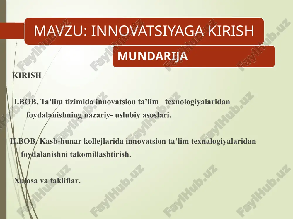 rish shartlaridan biridir. respublikamizdagi o‘rta maxsus kasb-hunar ta’limi tizimida tahsil olayotgan talabalarni ilg‘or pedagogik va axborot texnologiyalari bo‘yicha yangi bilimlar tizimi bilan qurollantirishni uzluksiz tashkil etish davr talabidir. hozirgi zamon sharoitida, yuqori malakali kadrlarni tayyorlashda, o‘qitishning hozirgi zamon tizimlari va yangi pedagogik texnologiyalari asosida amalga oshirilishi maqsadga muvofiqdir. yangi pedagogik texnologiyalarni hislati shundaki, unda qo‘yilgan maqsadlarga erishish kafolatini beruvchi o‘quv jarayoni rejalashtiriladi va amalga oshiriladi. darhaqiqat, mashg‘ulotlarning muvaffaqiyatli o‘tishining 80% i ta’lim jarayonini to‘g‘ri loyihalashtirish, tashkil etish va uni amalga oshirishga bog‘liqdir. o‘quv jarayonlarini loyihalashtirishda ta’lim mazmunini, ta’lim maqsadi, kutilayotgan natijani to‘g‘ri belgilash, ta’lim metodlari, shakllari va vositalarini to‘g‘ri tanlash, talabalarning bilim, ko‘nikma va malakalarini baholashni aniq mezonlarini oldindan ishlab chiqish, mashg‘ulotga ajratilgan vaqt ichida ularni to‘g‘ri amalga oshirish va bir-biri bilan uyg‘unlashuviga e’tiborni qaratish maqsadga muvofiqdir. yuqoridagilardan ko’rinib turibdiki mazkur ish ayni hozirgi kundagi dolizarb masalalar qatoriga kiradi. i. bob. ta’lim tizimida innovatsion ta’lim texnologiyalaridan foydalanishning nazariy-uslubiy asoslari hozirgi …