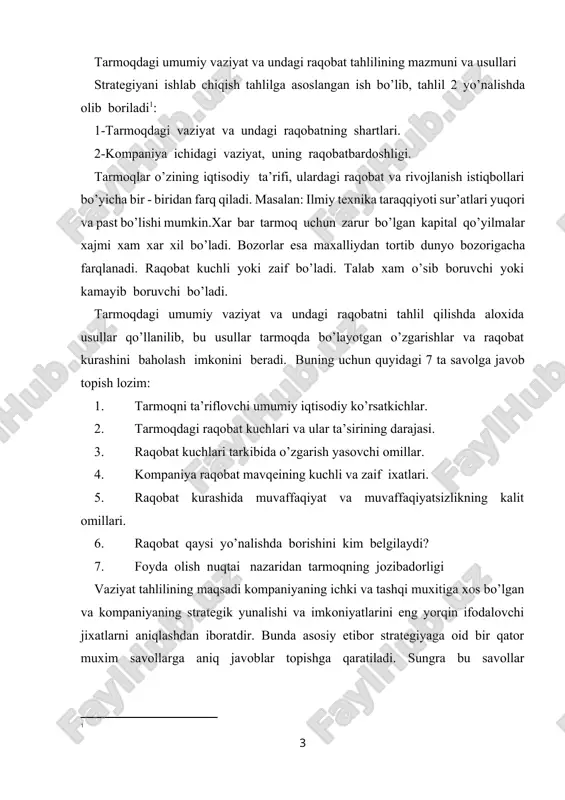 sini shakllantirish va uning strategik xattiharakatlariga muqobil variantlarni belgilash uchun foydalaniladi. yakka biznes bilan shug’ullanuvchi kompaniyadagi strategik vaziyatni tahlil qilish usullari kelgusida ko’pincha diversiyalangan kompaniyaning strategiyasini tahlil qilishda ham foydalaniladi. yakka biznes bilan shug’gullanuvchi kompaniyadagi tashqi vaziyatni (makromuxitni) tahlil qilishda odatda soha va raqobat tahlillaridan foydalaniladi. vaziyatni tahlil qilishda korxonaning eng yaqin atrofi (mikromuxiti) o’rganiladi. 6-rasmda yakka biznes bilan shug’ullanuvchi kompaniya uchun strategik tahlilning strukturasi keltirilgan. kompaniya strategik tahlilining mantiqiy yechimi strategiyani tanlashda muqobil variantlarga baho berishdir. shunday qilib, ushbu tahlil strategik rejani shakllantirishning dastlabki nuqtasidir. tarmoqni ta’riflovchi umumiy iqtisodiy ko’rsatkichlar tarmoqdagi umumiy vaziyat va undagi raqobatning tahlili asosiy iqtisodiy ko’rsatkichlarni o’rganishdan boshlanadi. bu ko’rsatkichlar quyidagilardan iborat[footnoteref:2]: [2: ] 1. bozor xajmi. 2. raqobat miqyosi (maxalliy , regional, dunyo). 3. bozorning o’sish sur’atlari va uni rivojlanishining qaysi bosqichda ekanligi. 4. raqobatchilar soni va ularning xajmi. 5. xaridorlar soni va ularning moliyaviy imkoniyatlari. 6. integratsiya qaerga qarab ketayapti? 7. texnologik o’zgarishlarning …