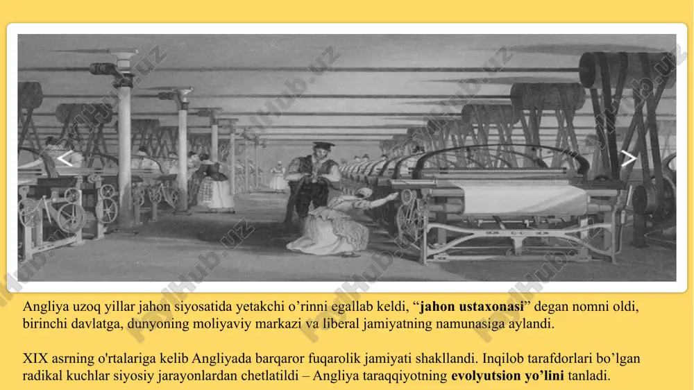 g hududi 30%ga kengaydi, aholisi bir yarim marta ko'paydi. birinchi jahon urushi arafasida ingliz mustamlakalarida 400 mln kishi yashardi. mustamlakalar uchun bo’lgan urushlarning eng yirigi 1899-1902-yillardagi ingliz-bur ushi bo’ldi. burlar gollandiyalik mustamlakachilarning avlodlari bo’lib, ular janubiy afrikada tranavaal va oranj nomli ikkita respublika tuzishgan edi. angliya uzoq davom etgan urushdan so’ng, 1902-yili bu ikki respublikani ham o’ziga bo'ysundirdi. angliyaning mustamlakachilik intilishlarini jahon jamoatchiligi qoraladi. bu esa xalqaro maydonda uning nufuzi tushib ketishiga olib keldi. ko‘plab ingliz mustamlakalarida mahalliy aholi to’liq qirilib ketdi. bu yerlarning aholisini endi asosan inglizlar tashkil eta boshladi. ular o’ziga xos avtonomiyalarga ega – dominionlar deb atala boshlandi. angliya rivojlanishning evolutsion yo’lini tanlagani uchun parlament va saylov islohotlari davok ettirildi. 1868-yili shaharlarda ishchilarning bir qismi saylov huquqiga ega bo’ldi, bu barcha grafliklarga joriy qilindi. xx asr boshiga kelib jamoa palatasining ustuvorligi aniq belgilab qo'yildi lordlar palatasining huquqlari esa cheklanib bordi. imperiyaga 64 yil hukmronlik qilgan viktoriya 1901-yili …