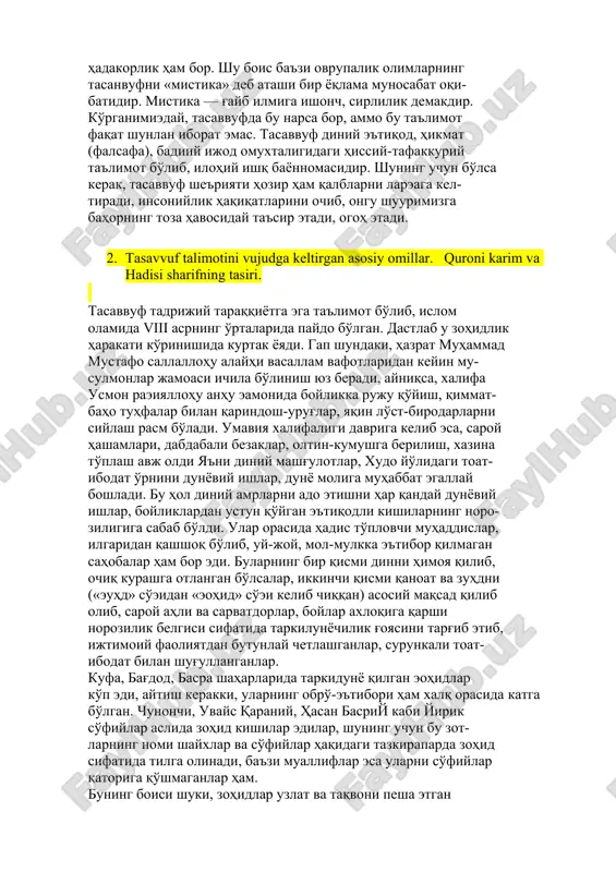 va hikmat salobati ham, his-haya- jonga g'arq qaynoq ijodiy parvoz ham, rasm-rusum, belgilab qo'yilgan axloqiy qonun-qoidalar bilan birga, ayni shu qoida- qonunlarni pisanl qilmaydigan erkinlik tuyg'usi izhori ham, yashirin siru asror barobarida ochiq mantiqiy-falsafiy musho- hadakorlik ham bor. shu bois ba'zi ovrupalik olimlarning tasanvufni «mistika» deb atashi bir yoqlama munosabat oqi- batidir. mistika — g'ayb ilmiga ishonch, sirlilik demakdir. ko'rganimieday, tasavvufda bu narsa bor, ammo bu ta'limot faqat shunlan iborat emas. tasavvuf diniy e'tiqod, hikmat (falsafa), badiiy ijod omuxtaligidagi hissiy-tafakkuriy ta'limot bo'lib, ilohiy ishq bayonnomasidir. shuning uchun bo'lsa kerak, tasavvuf she'riyati hozir ham qalblarni lareaga kel- tiradi, insoniylik haqiqatlarini ochib, ongu shuurimizga bahorning toza havosiday ta'sir etadi, ogoh etadi. 2. tasavvuf ta�limotini vujudga keltirgan asosiy omillar. qur�oni karim va hadisi sharifning ta�siri. tasavvuf tadrijiy taraqqiyotga ega ta'limot bo'lib, islom olamida viii asrning o'rtalarida paydo bo'lgan. dastlab u zohidlik harakati ko'rinishida kurtak yoyadi. gap shundaki, hazrat muhammad mustafo sallallohu alayhi vasallam …