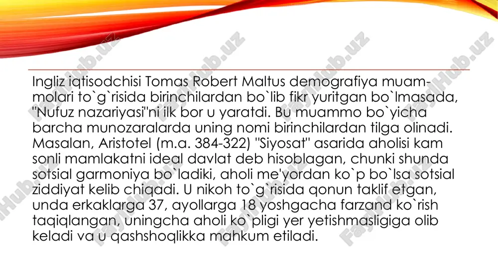 hoqlashdi, ishsizlar armiyasi ko`paydi, ishchilarning iqtisodiy ahvoli tobora yomonlashdi. xuddi shu holatlarga baho berish, uni izohlash, bu ahvolning sababi nimada ekanligini tushuntirish maltusga nasib etdi. uning asosiy asarlari quyidagilar: "aholi nufuzi qonuni to`g`risidagi tajriba" (1798), "yer rentasining tabiati va o`sishi to`g`risidagi tajriba" (1815), "siyosiy iqtisod prinsiplari" (1820 yilda yozilgan va avvalgi kitobni qayta ishlab, ikki jildli asarga aylantirilgan). bu asar uning do`sti d.rikardoning "siyosiy iqtisodning boshlanishi" asa-ridan uch yil keyin chiqqan bo`lib, nazariy metodologik jihatdan undan keskin farq qilmaydi. bu asarlarda maltus lendlordlar manfaatini himoya qiladi, ammo yer egalari va kapitalist-fabrikantlarning manfaatlari mos kelsa va ishchilarga qarshi qo`yilsa, ularning ikkalasini qo`llab-quvvatladi, hukmron sinflarni oqladi, ommaning ochyalang`ochligi va og`ir ahvolida ularning hech qanday aybi yo`qligini isbotlamoqchi bo`ldi. mavjud tizimni takomillashtirish kerakligini u xayoliga ham keltirmadi, buni o`ziga xos utopiya deb hisobladi. tomas robert maltus asosiy iqtisodiy masalalarni yagona bir omil asosida oddiy-gina tushuntirishga harakat qilinadi. tadqiqot predmeti sifatida avvalo ishlab chiqarish …