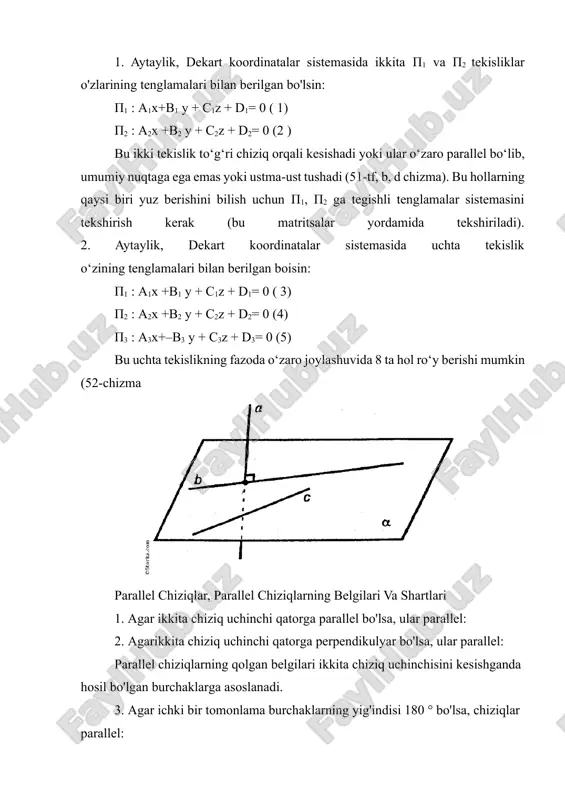 qning ikkita parallel chiziqlari kesishganida, ular tomonidan hosil qilingan mos keladigan burchaklar quyidagicha tengdir 3. uchinchi chiziqning ikkita parallel chiziqlari kesishganida, ular tomonidan o'zaro qarama-qarshi shakllangan burchaklar quyidagicha tengdir: quyidagi mulk har bir oldingi uchun alohida holat: 4. agar tekislikdagi chiziq ikkita parallel chiziqning biriga perpendikulyar bo'lsa, u boshqasiga perpendikulyar bo'ladi: beshinchi xususiyat - bu parallel chiziqlar aksiomasi: 5. ushbu chiziqda yotmagan nuqta orqali siz shu chiziqqa parallel ravishda faqat bitta chiziq chizishingiz mumkin: parallel chiziqlar - asosiy ma'lumotlar. avvalo maqolalarda berilgan tekis chiziqlar va kosmosdagi to'g'ri chiziqlar bilan berilgan ta'riflarni eslaymiz. samolyotda ikkita chiziq chaqiriladi parallelagar ular umumiy fikrlarga ega bo'lmasa. uch o'lchovli kosmosda ikkita chiziq deyiladi parallelagar ular bitta tekislikda yotsa va umumiy fikrlar bo'lmasa. e'tibor bering, kosmosdagi parallel chiziqlarni aniqlashda "agar ular bir tekislikda bo'lsa" bandi juda muhimdir. keling, bu fikrga aniqlik kiritamiz: uch o'lchovli kosmosda umumiy nuqta bo'lmagan va bir tekislikda yotmaydigan ikkita chiziq parallel emas, …